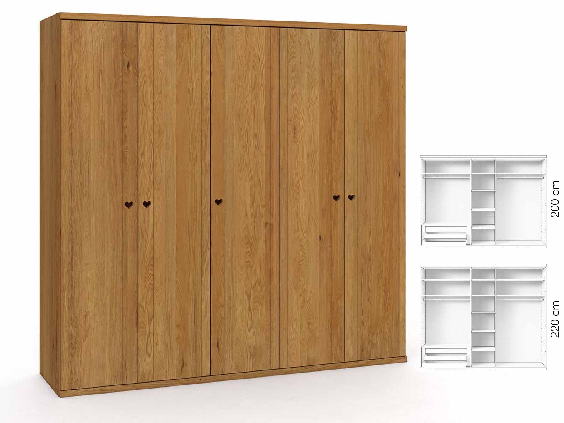 Eichenschrank „Egon“, 5-türig, Höhe 220 cm, Griffausführung „Heidi“, Inneneinrichtung: C