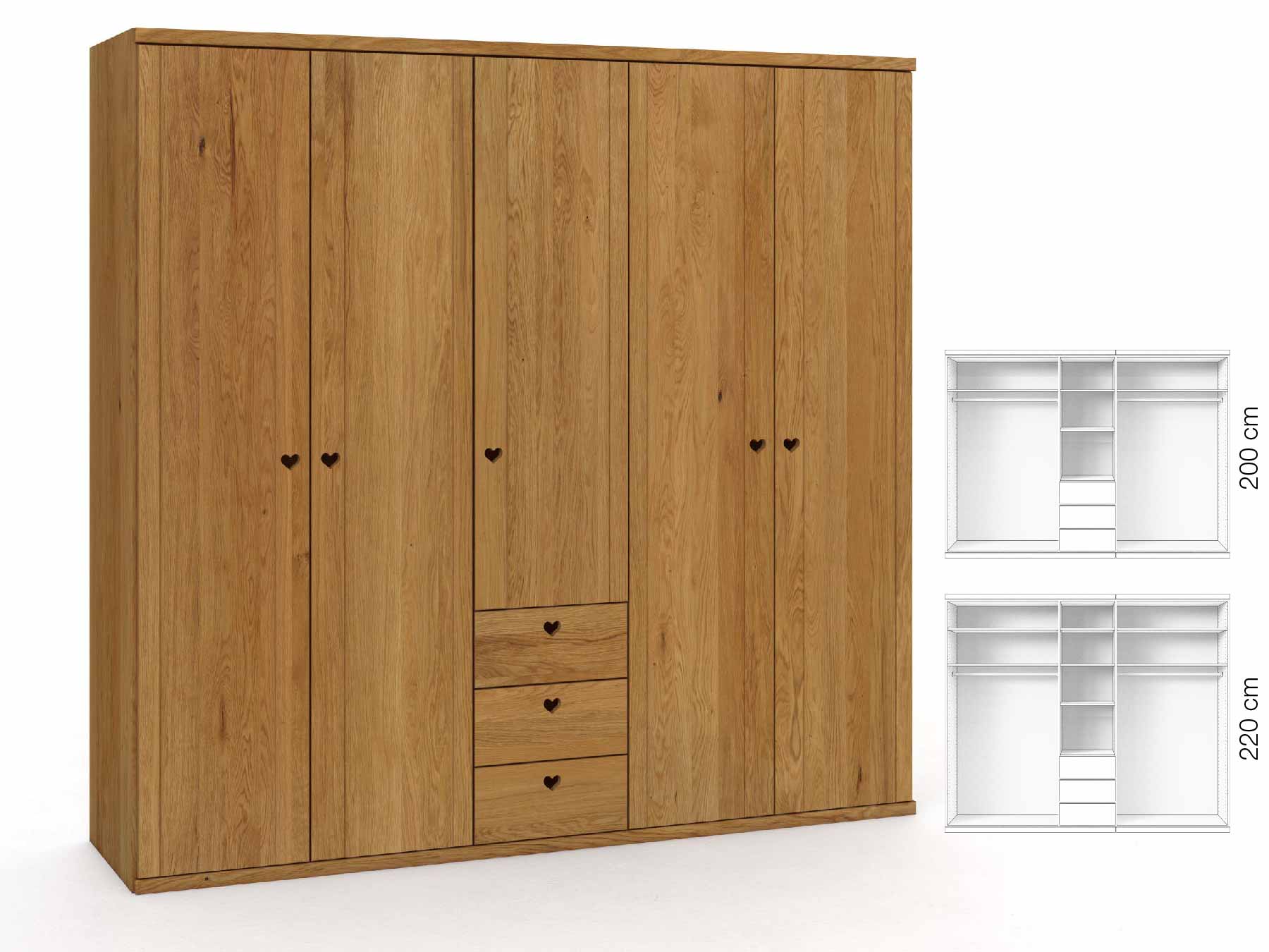 Eichenschrank „Egon“, 5-türig, Höhe 220 cm, Griffausführung „Heidi“, Inneneinrichtung: E
