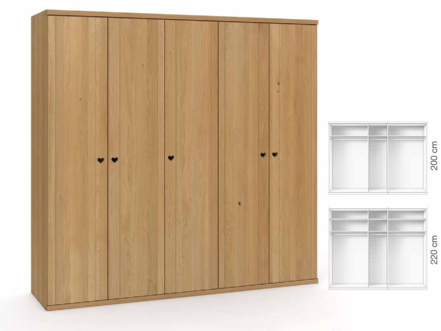 Eichenschrank Hell „Egon“, 5-türig, Höhe 220 cm, Griffausführung „Heidi“, Inneneinrichtung: A