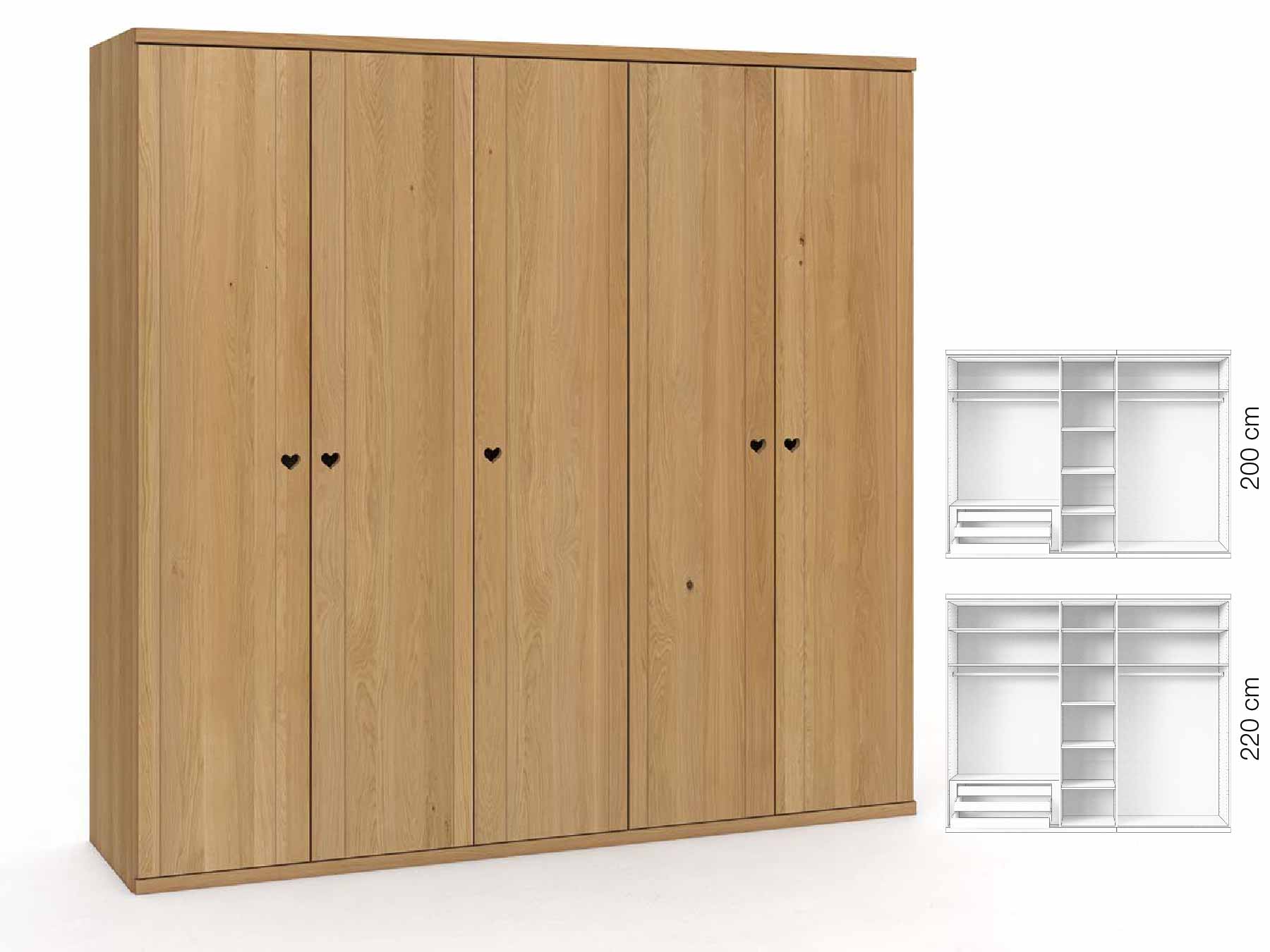 Eichenschrank Hell „Egon“, 5-türig, Höhe 220 cm, Griffausführung „Heidi“, Inneneinrichtung: C