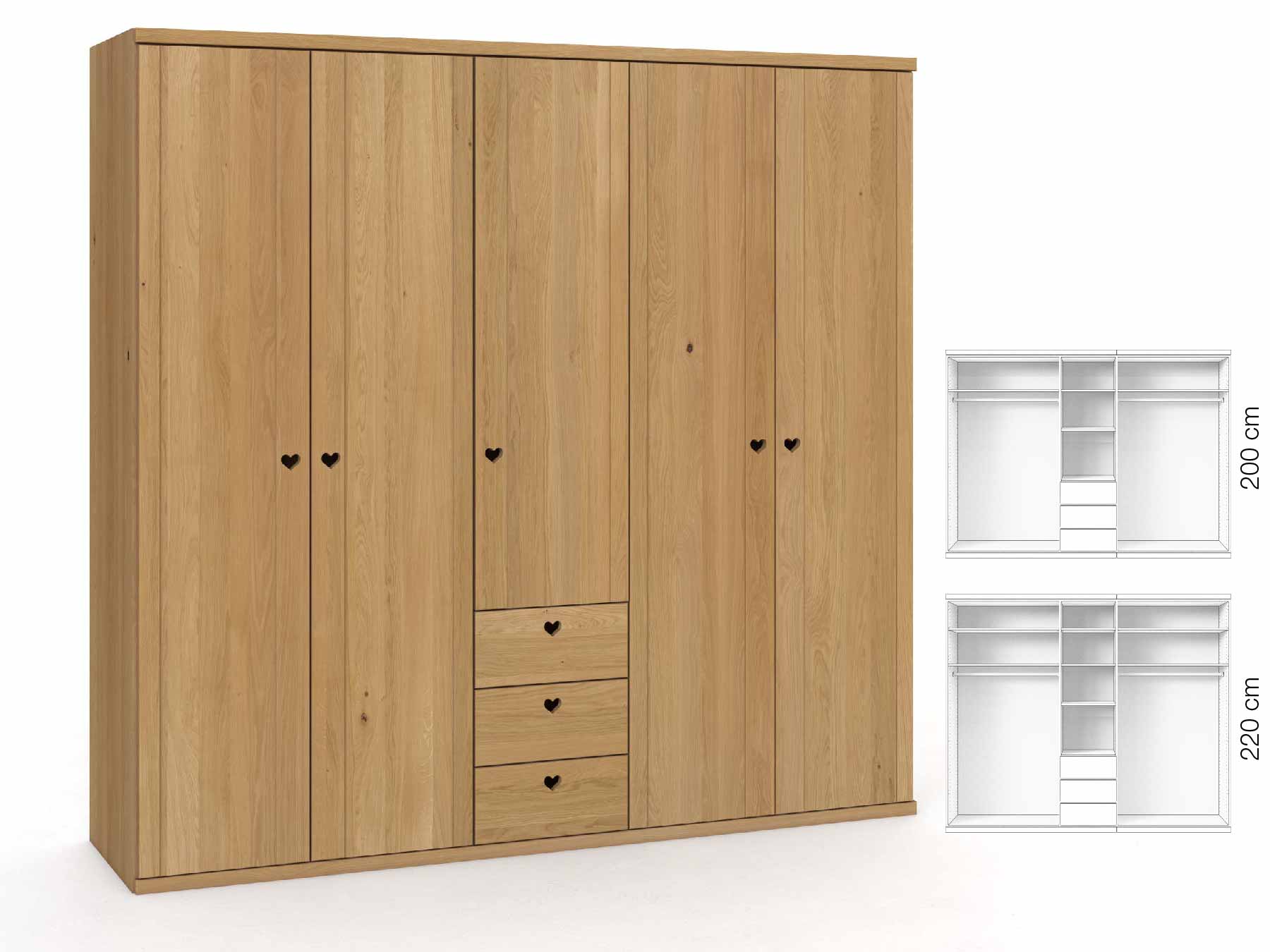 Eichenschrank Hell „Egon“, 5-türig, Höhe 220 cm, Griffausführung „Heidi“, Inneneinrichtung: E