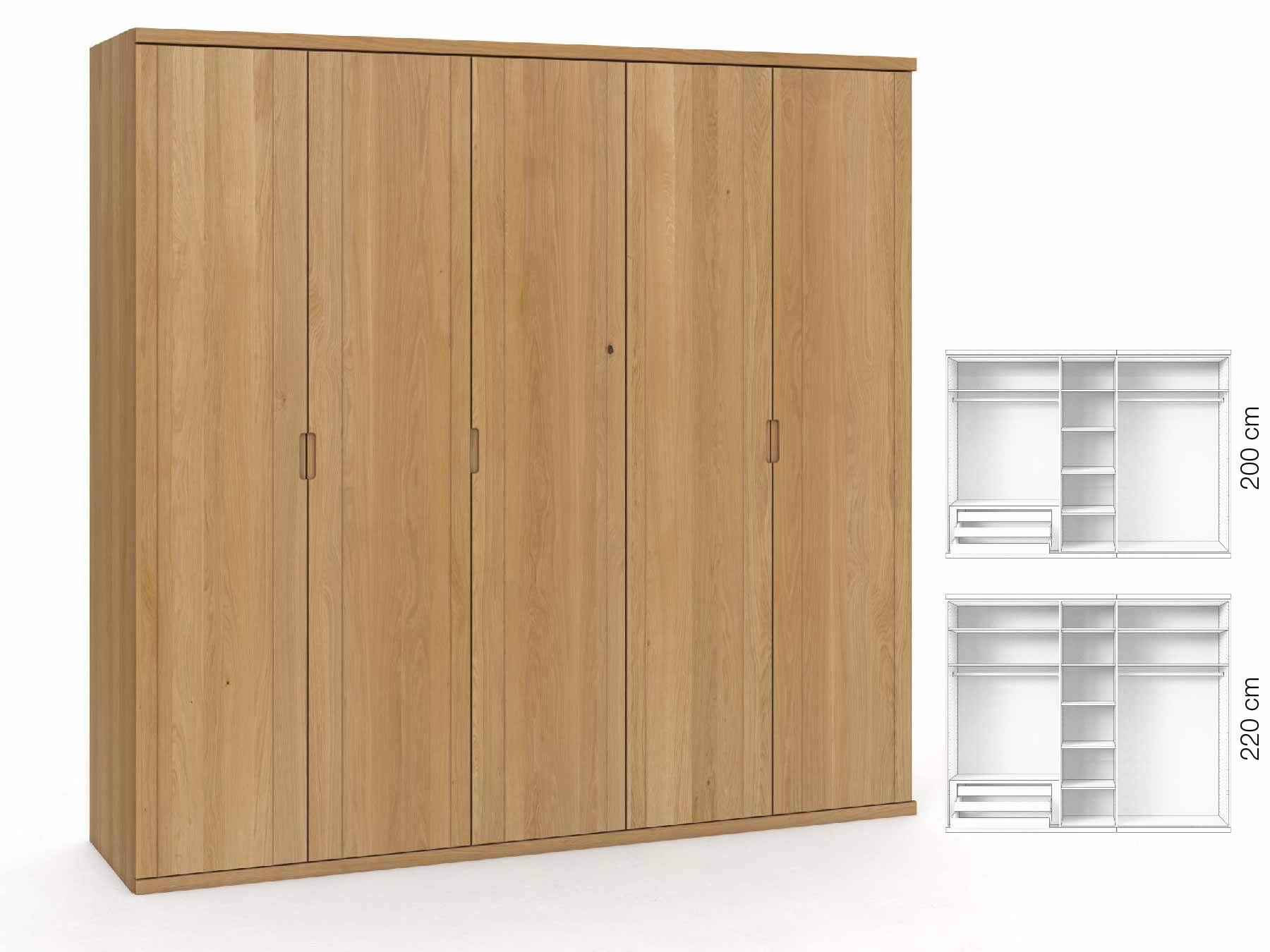 Eichenschrank Hell „Egon“, 5-türig, Höhe 220 cm, Griffausführung „Lukas“, Inneneinrichtung: C