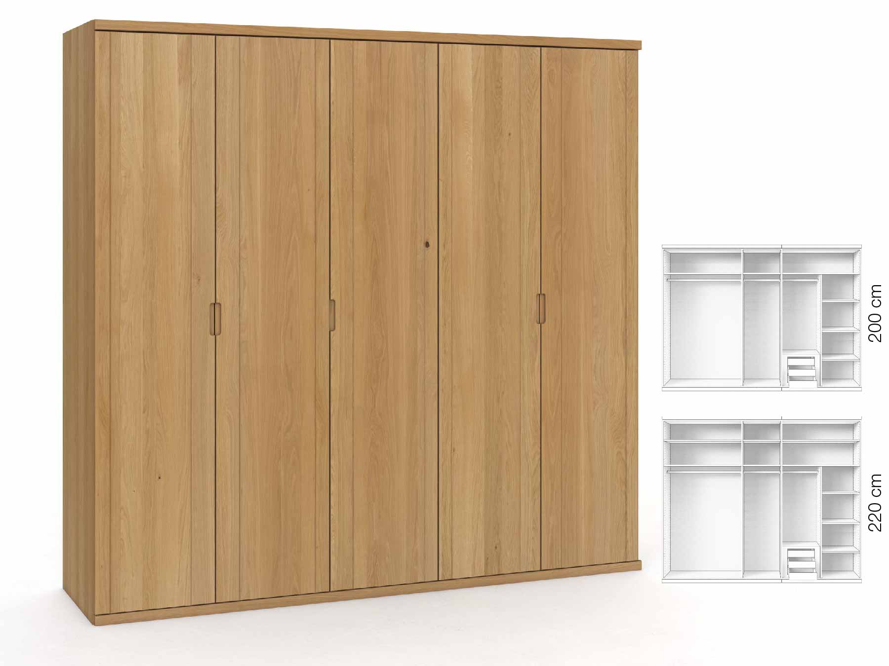 Eichenschrank Hell „Egon“, 5-türig, Höhe 220 cm, Griffausführung „Lukas“, Inneneinrichtung: D
