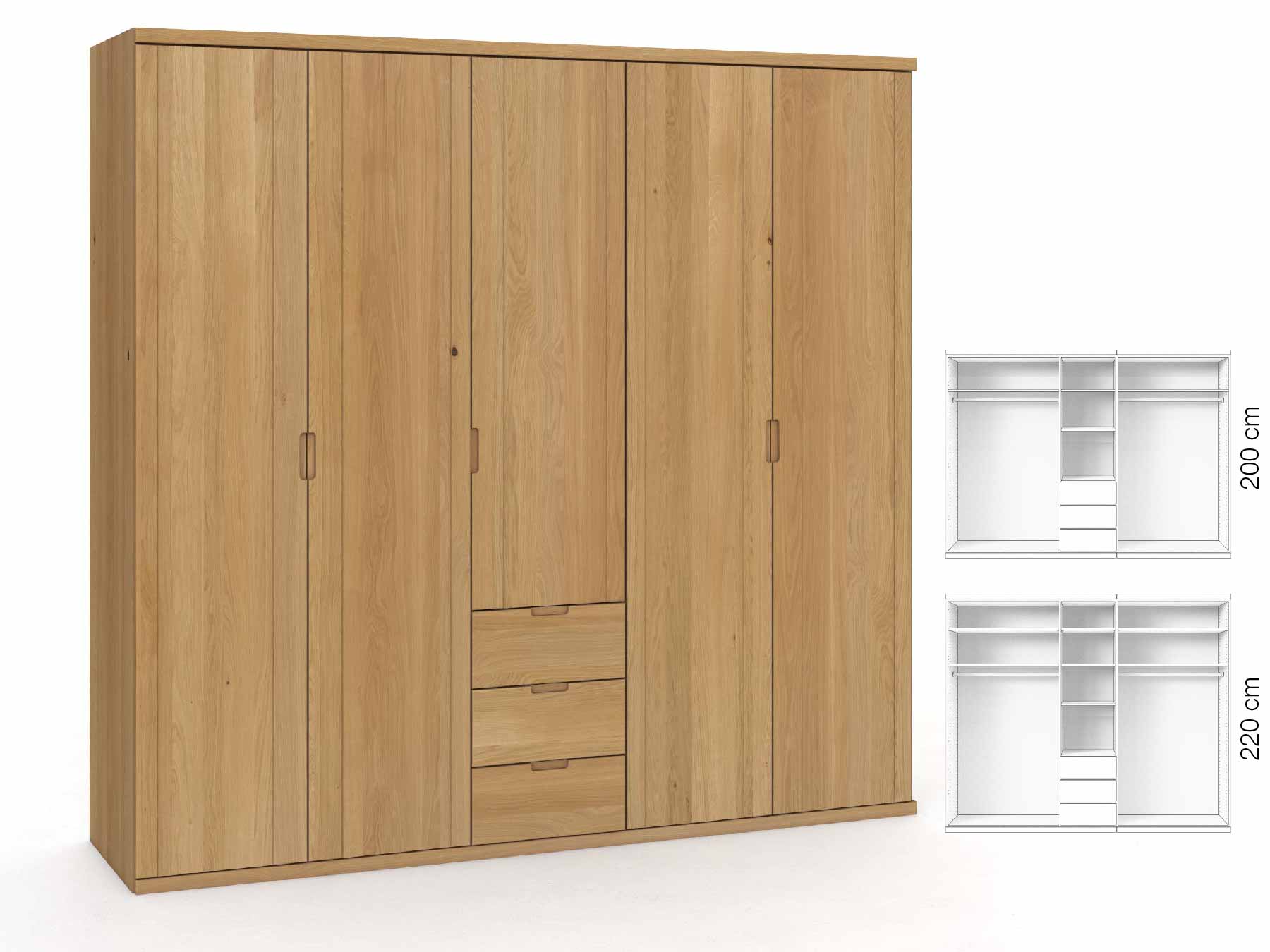 Eichenschrank Hell „Egon“, 5-türig, Höhe 220 cm, Griffausführung „Lukas“, Inneneinrichtung: E
