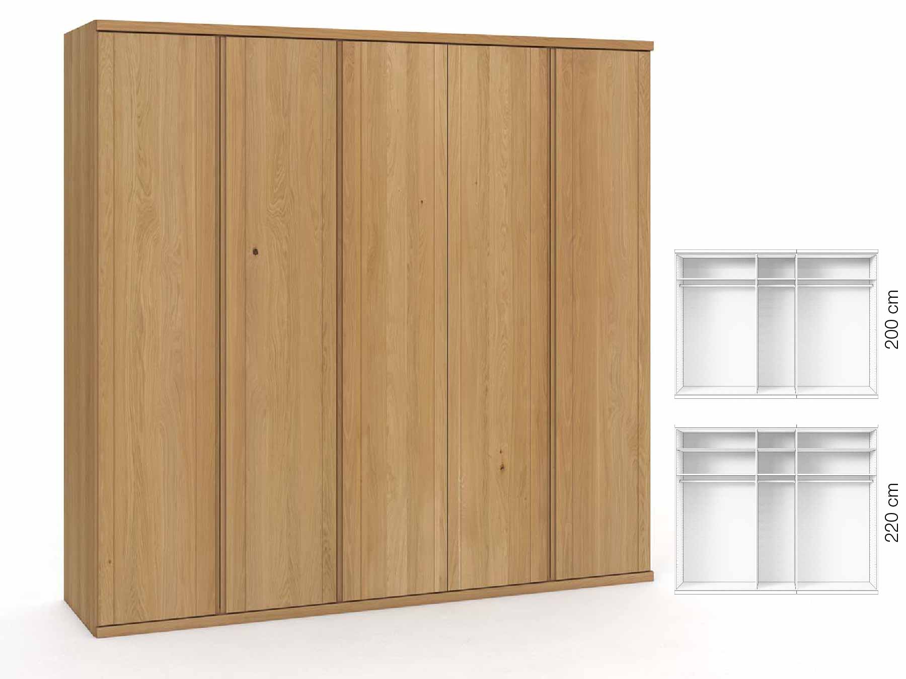 Eichenschrank Hell „Egon“, 5-türig, Höhe 220 cm, Griffausführung „Patrizia“, Inneneinrichtung: A