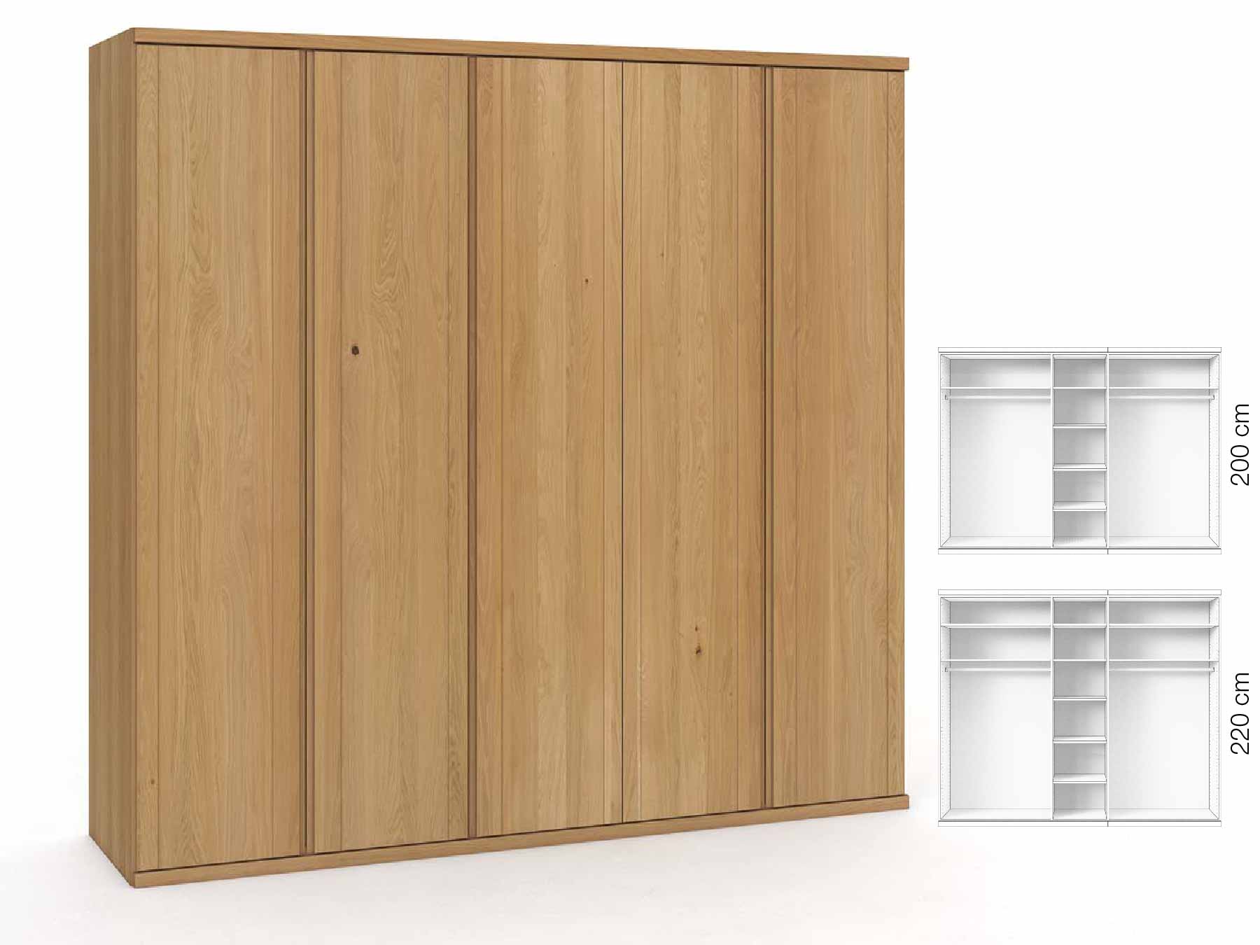 Eichenschrank Hell „Egon“, 5-türig, Höhe 220 cm, Griffausführung „Patrizia“, Inneneinrichtung: B