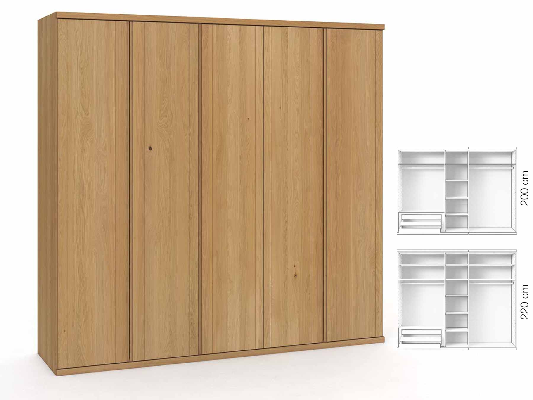 Eichenschrank Hell „Egon“, 5-türig, Höhe 220 cm, Griffausführung „Patrizia“, Inneneinrichtung: C