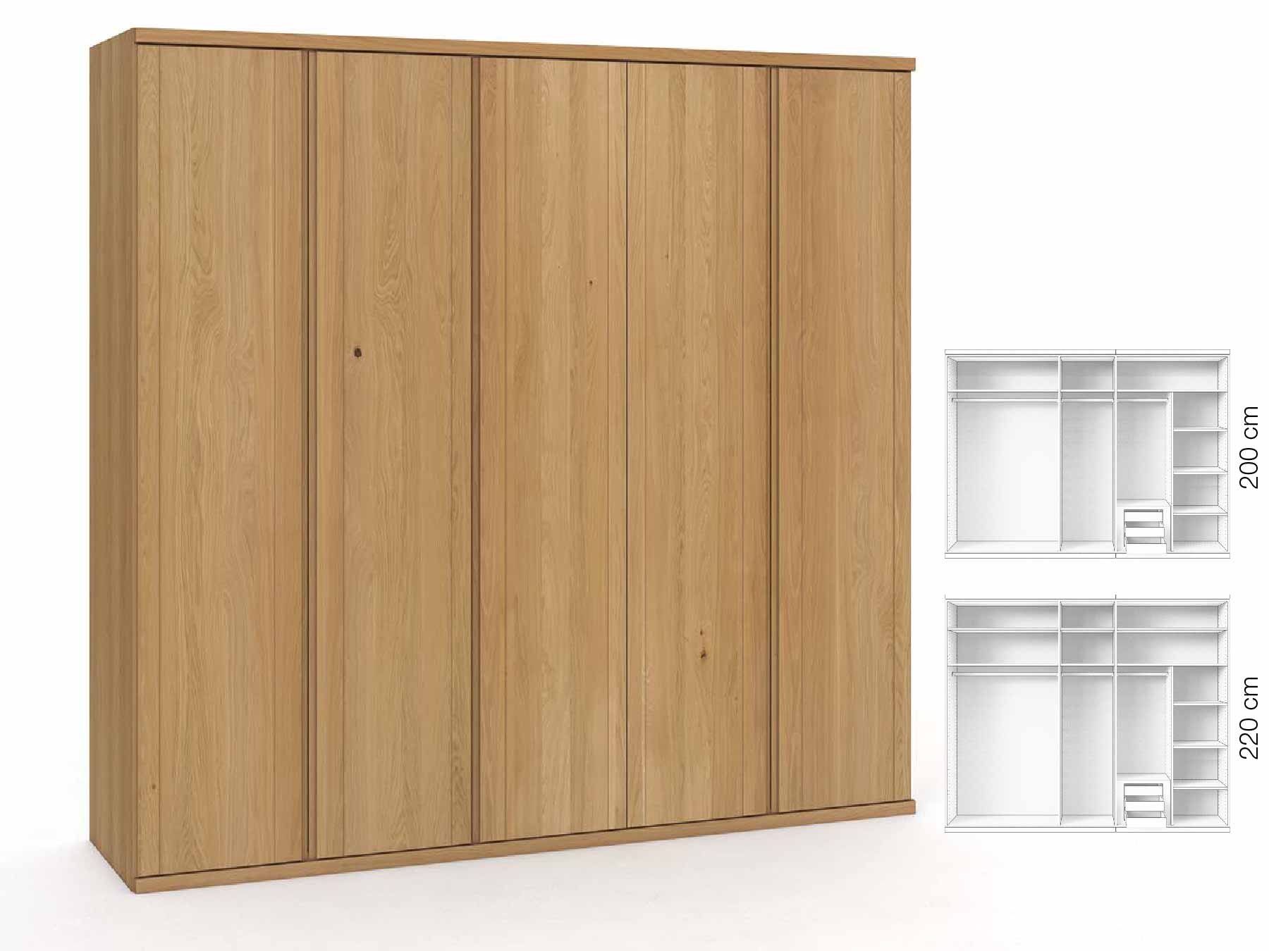 Eichenschrank Hell „Egon“, 5-türig, Höhe 220 cm, Griffausführung „Patrizia“, Inneneinrichtung: D