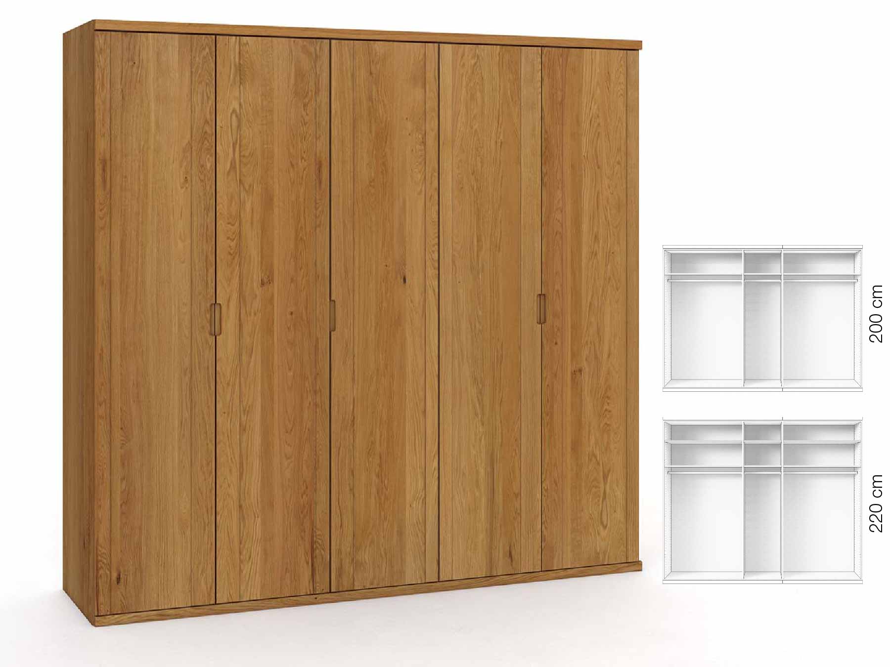 Eichenschrank „Egon“, 5-türig, Höhe 220 cm, Griffausführung „Lukas“, Inneneinrichtung: A
