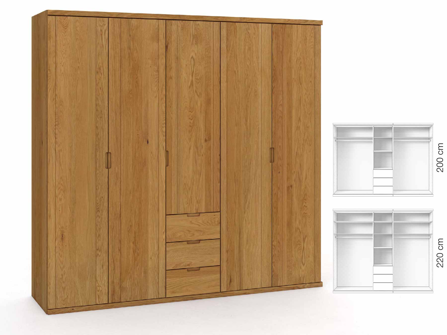Eichenschrank „Egon“, 5-türig, Höhe 220 cm, Griffausführung „Lukas“, Inneneinrichtung: E