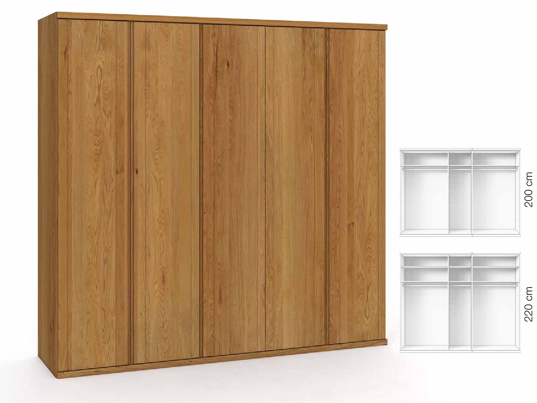 Eichenschrank „Egon“, 5-türig, Höhe 220 cm, Griffausführung „Patrizia“, Inneneinrichtung: A