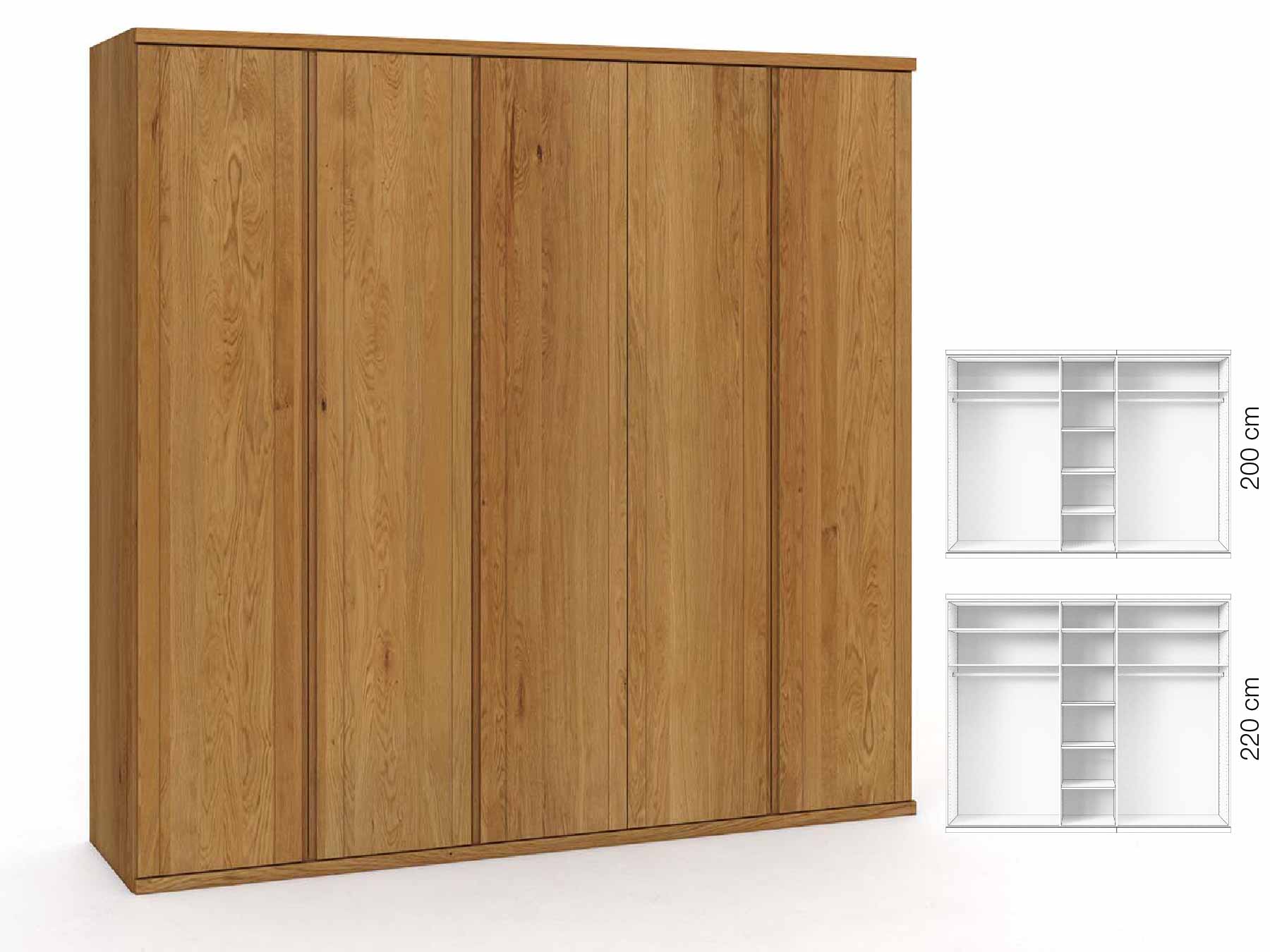 Eichenschrank „Egon“, 5-türig, Höhe 220 cm, Griffausführung „Patrizia“, Inneneinrichtung: B