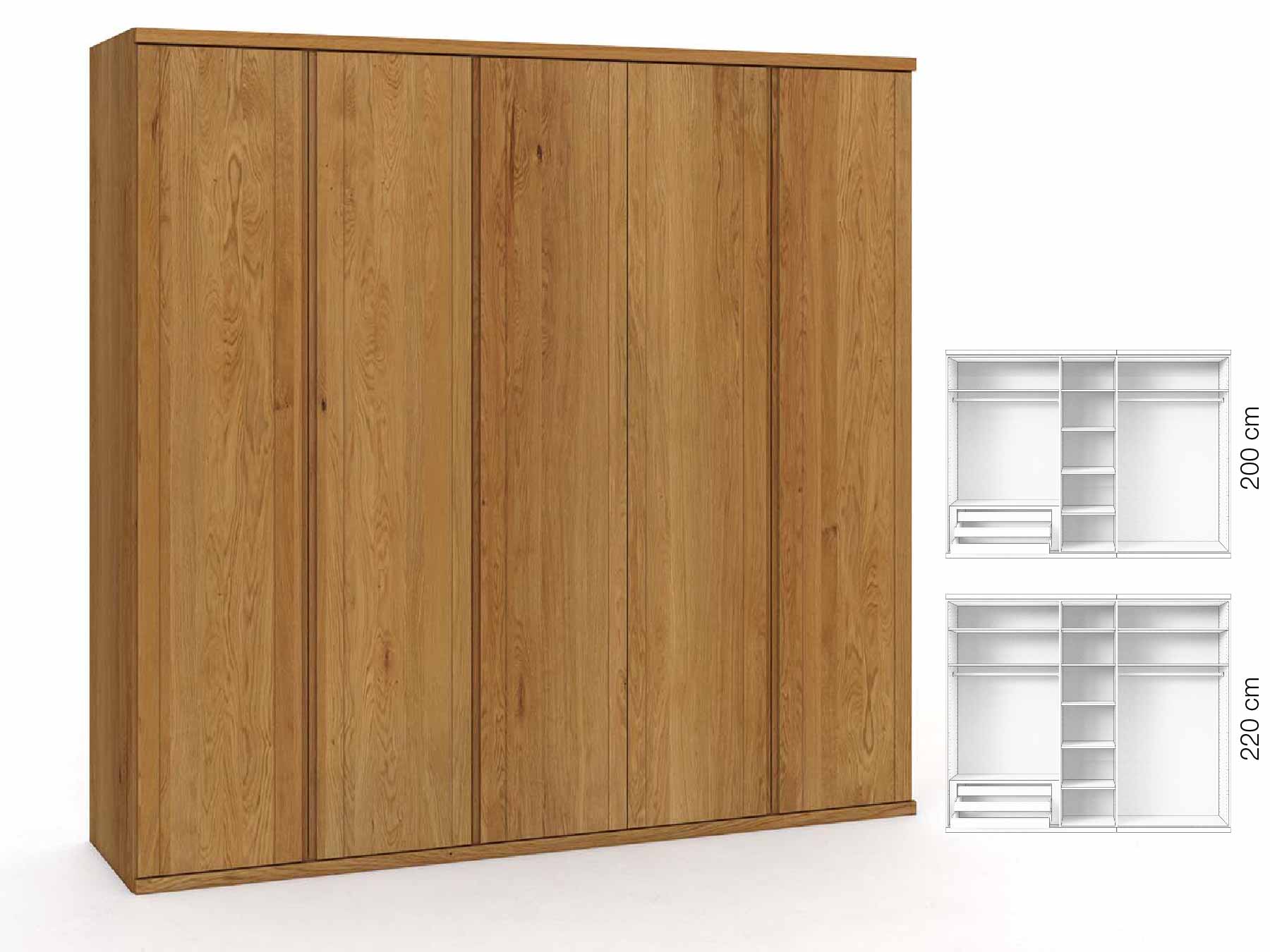 Eichenschrank „Egon“, 5-türig, Höhe 220 cm, Griffausführung „Patrizia“, Inneneinrichtung: C