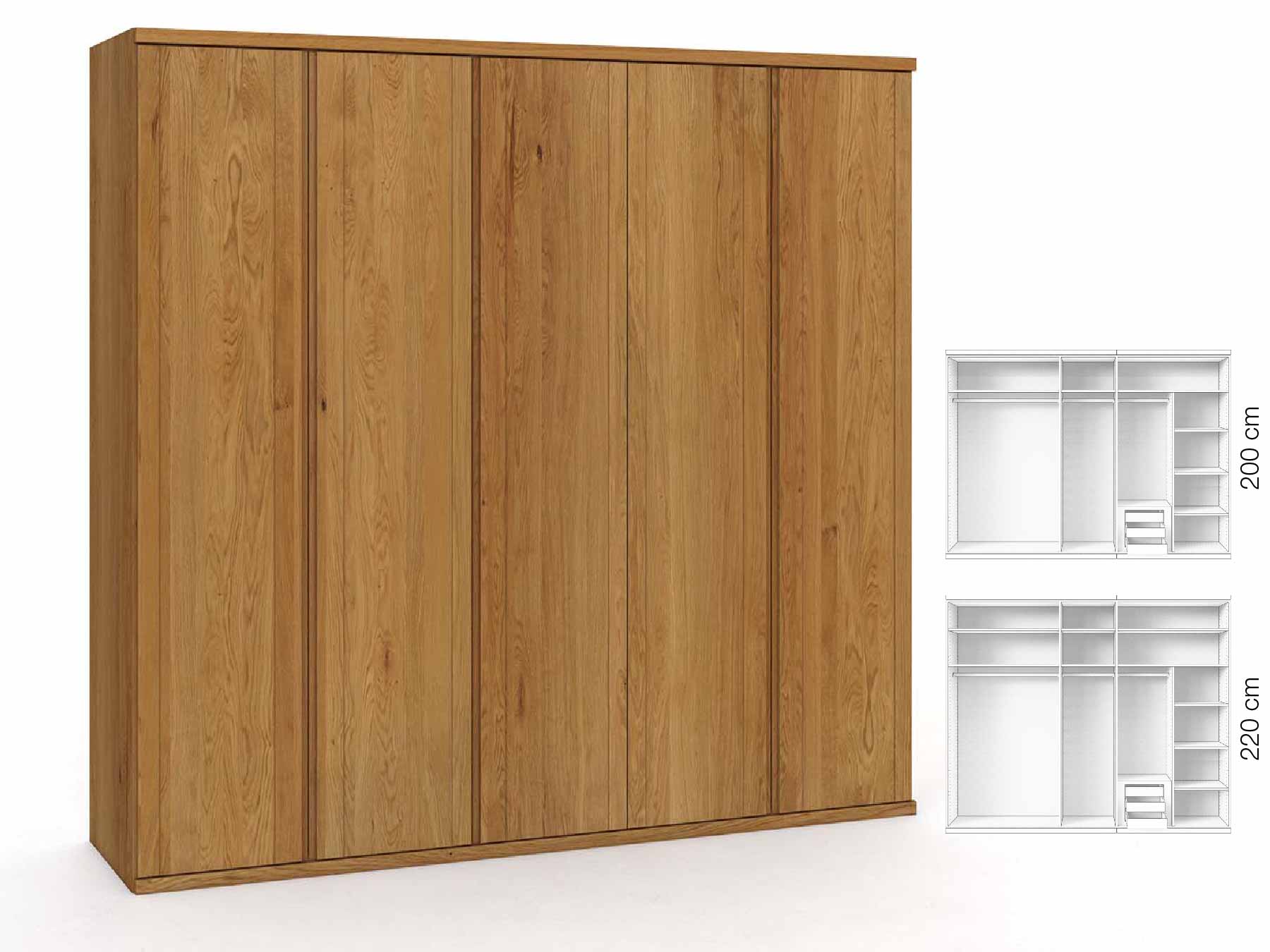 Eichenschrank „Egon“, 5-türig, Höhe 220 cm, Griffausführung „Patrizia“, Inneneinrichtung: D