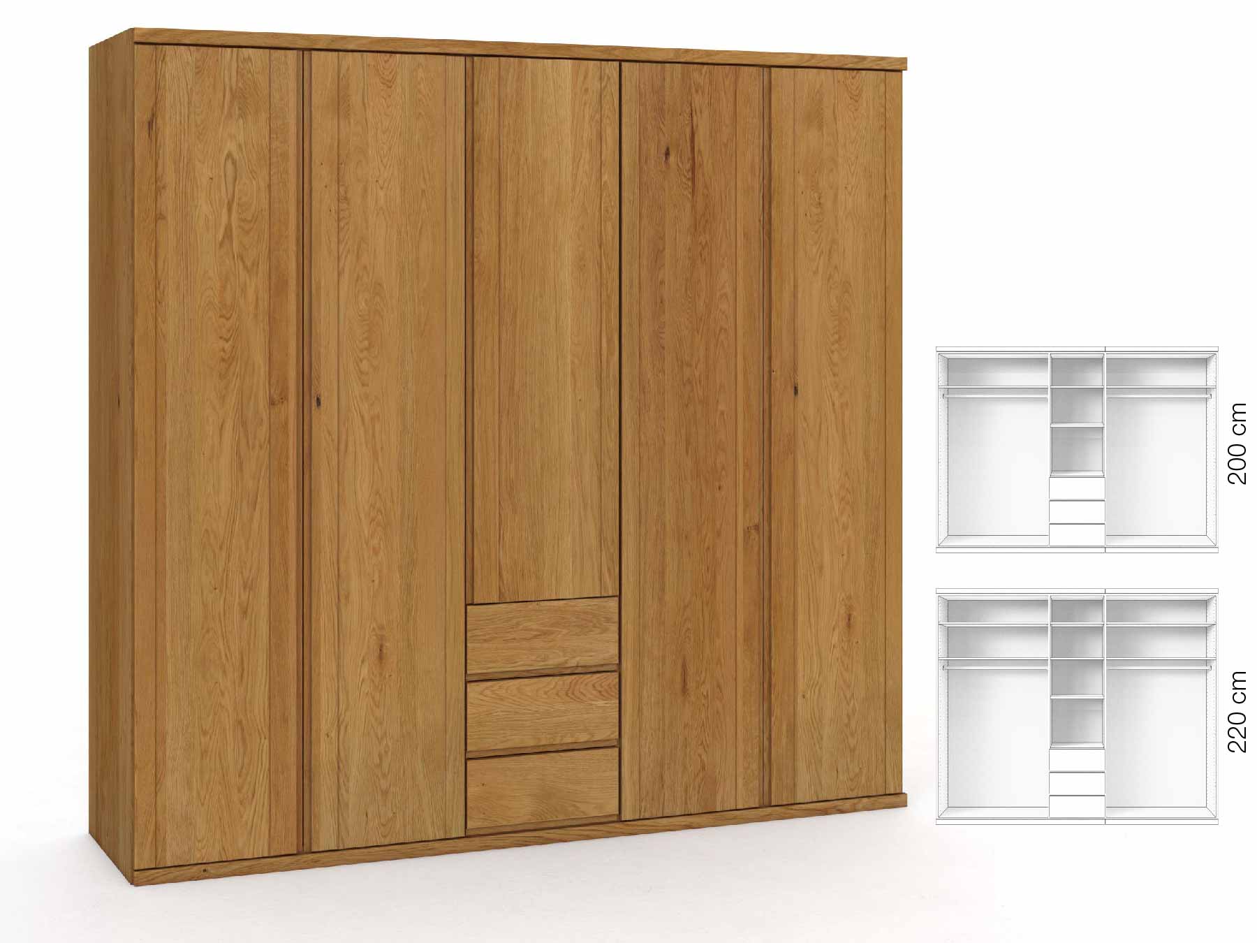 Eichenschrank „Egon“, 5-türig, Höhe 220 cm, Griffausführung „Patrizia“, Inneneinrichtung: E
