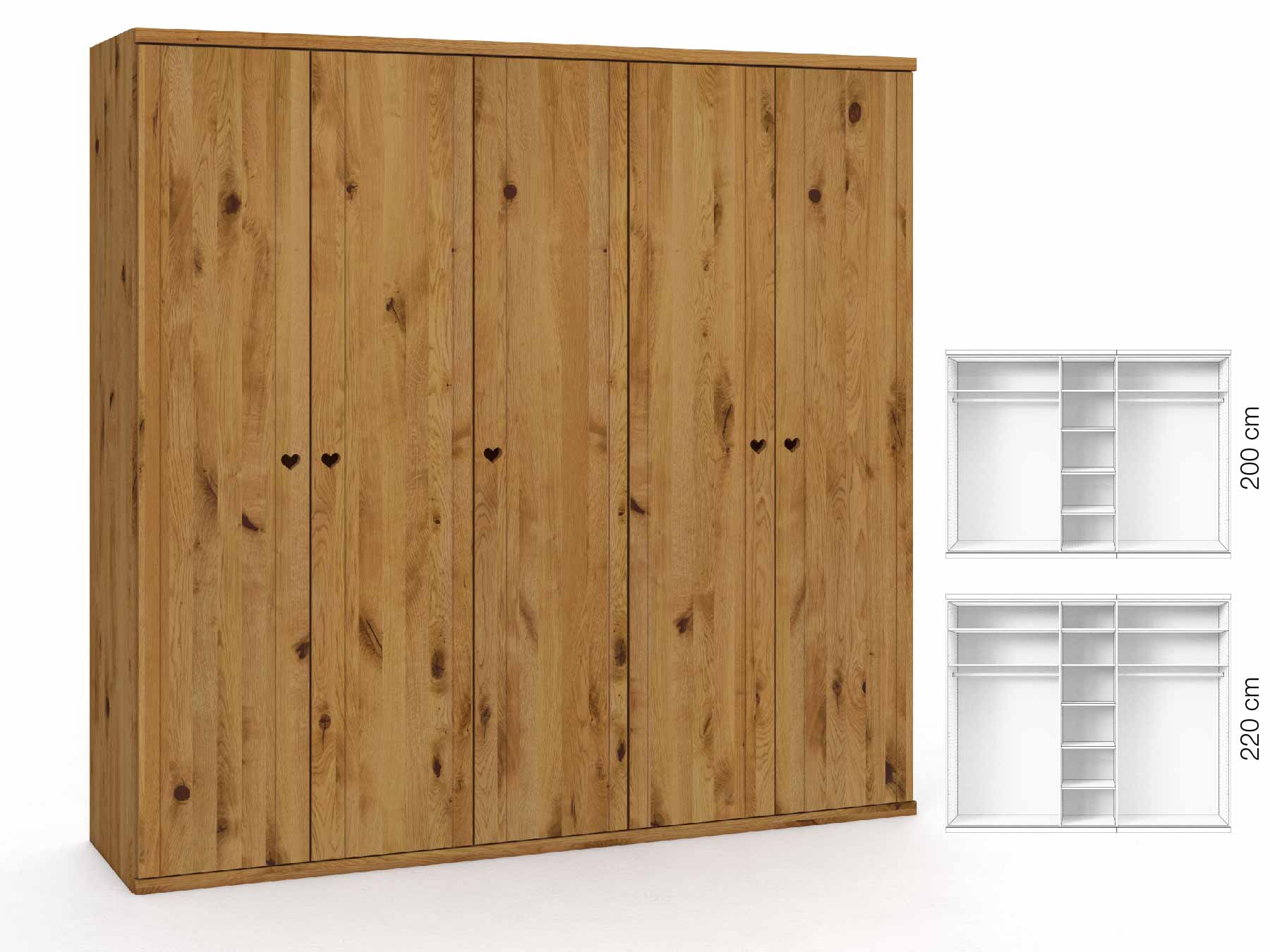 Wildeichenschrank „Egon“, 5-türig, Höhe 220 cm, Griffausführung „Heidi“, Inneneinrichtung: B