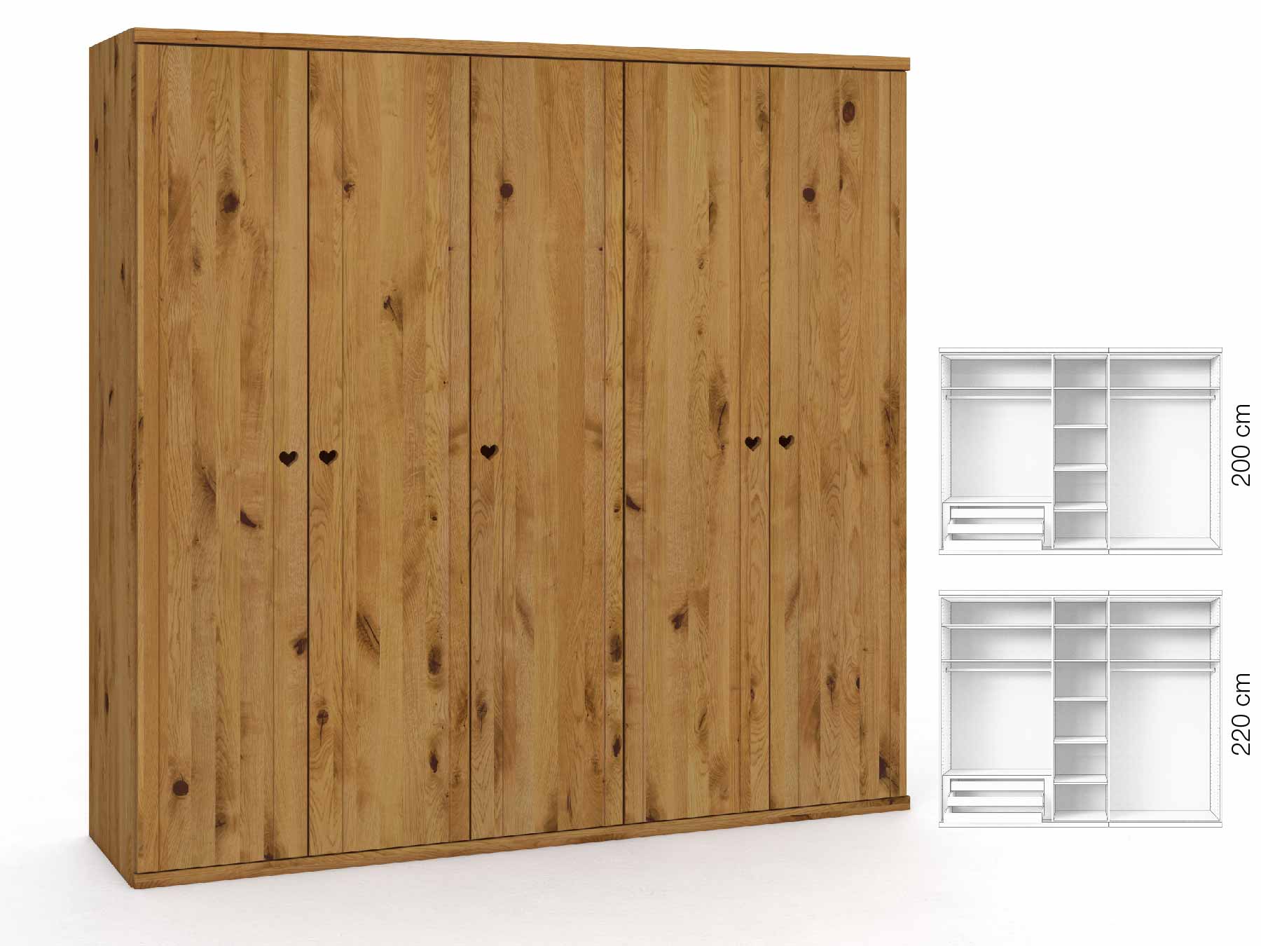 Wildeichenschrank „Egon“, 5-türig, Höhe 220 cm, Griffausführung „Heidi“, Inneneinrichtung: C