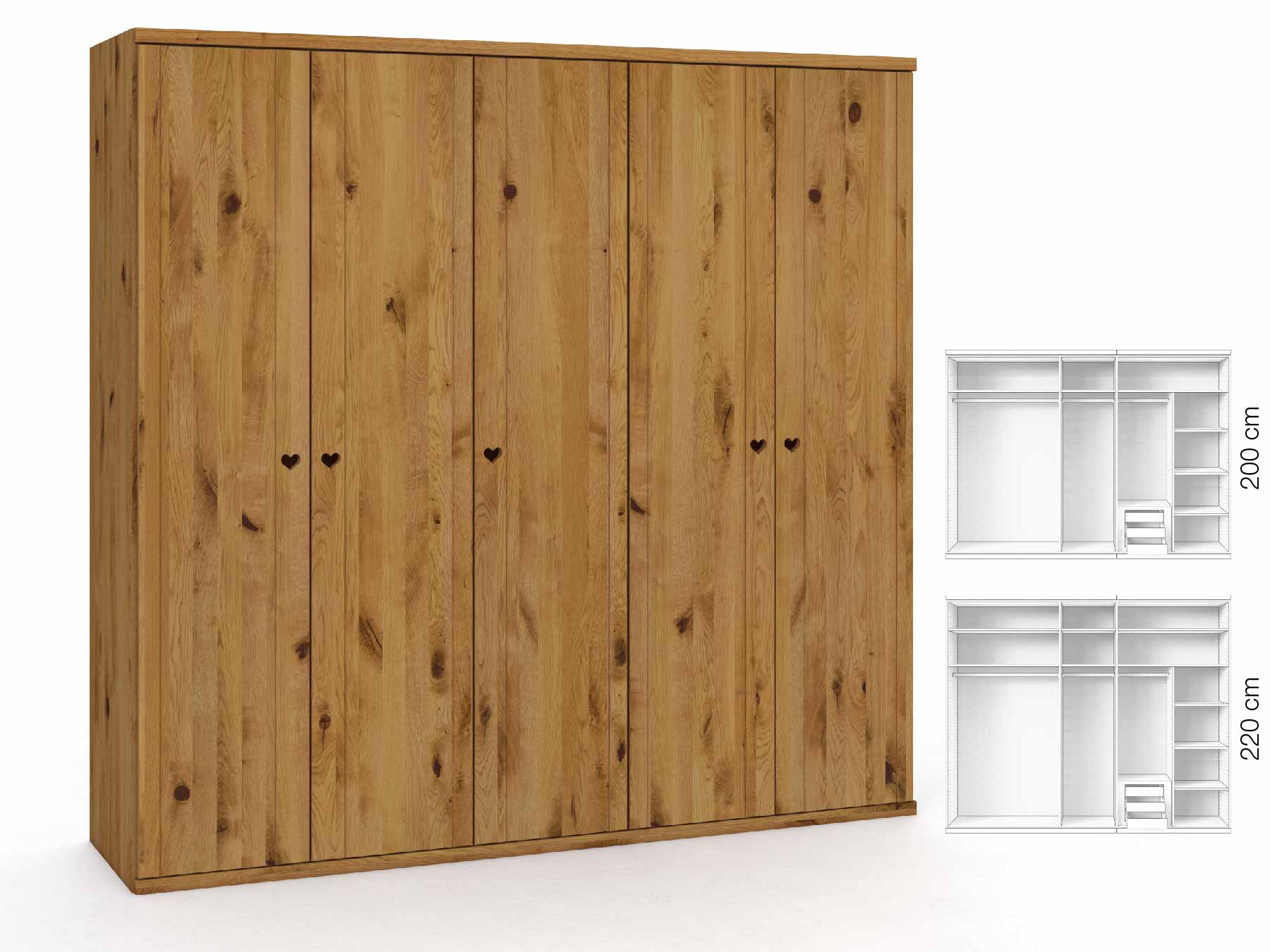 Wildeichenschrank „Egon“, 5-türig, Höhe 220 cm, Griffausführung „Heidi“, Inneneinrichtung: D