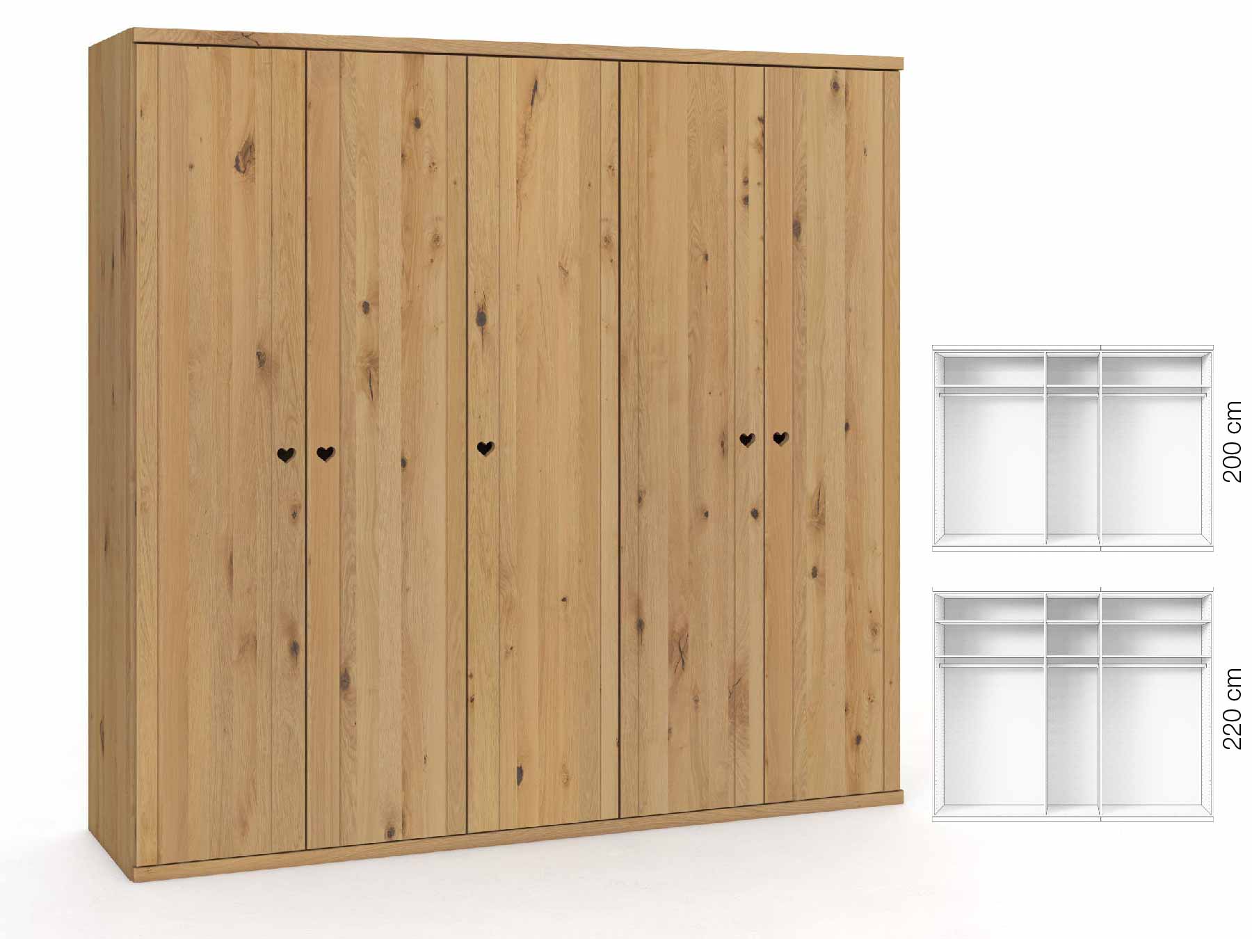 Wildeichenschrank Hell „Egon“, 5-türig, Höhe 220 cm, Griffausführung „Heidi“, Inneneinrichtung: A