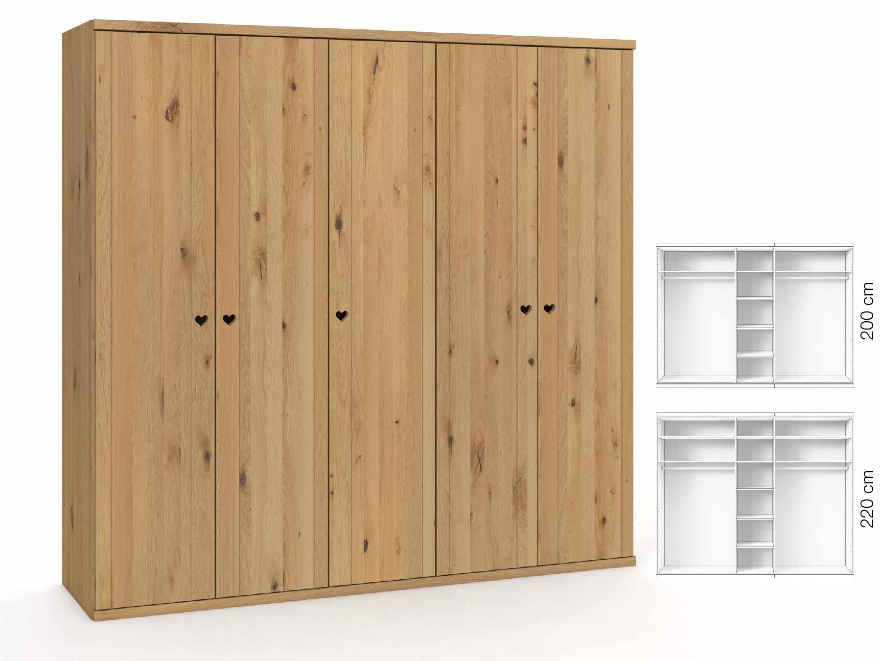 Wildeichenschrank Hell „Egon“, 5-türig, Höhe 220 cm, Griffausführung „Heidi“, Inneneinrichtung: B