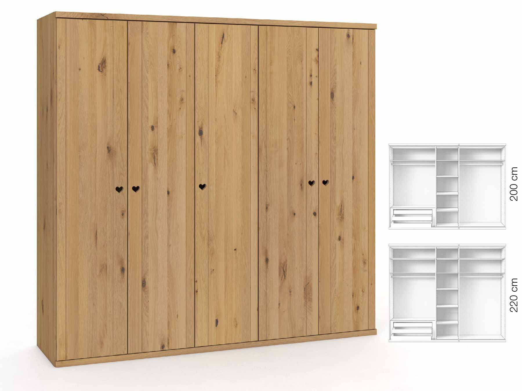 Wildeichenschrank Hell „Egon“, 5-türig, Höhe 220 cm, Griffausführung „Heidi“, Inneneinrichtung: C