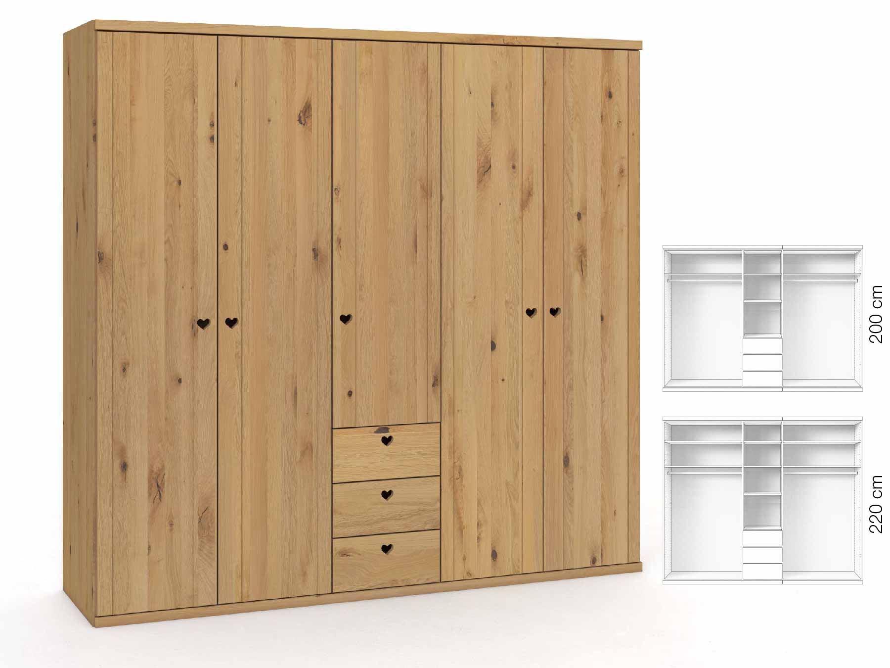 Wildeichenschrank Hell „Egon“, 5-türig, Höhe 220 cm, Griffausführung „Heidi“, Inneneinrichtung: E