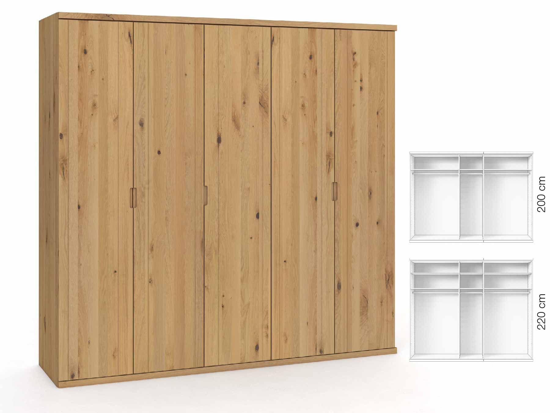 Wildeichenschrank Hell „Egon“, 5-türig, Höhe 220 cm, Griffausführung „Lukas“, Inneneinrichtung: A
