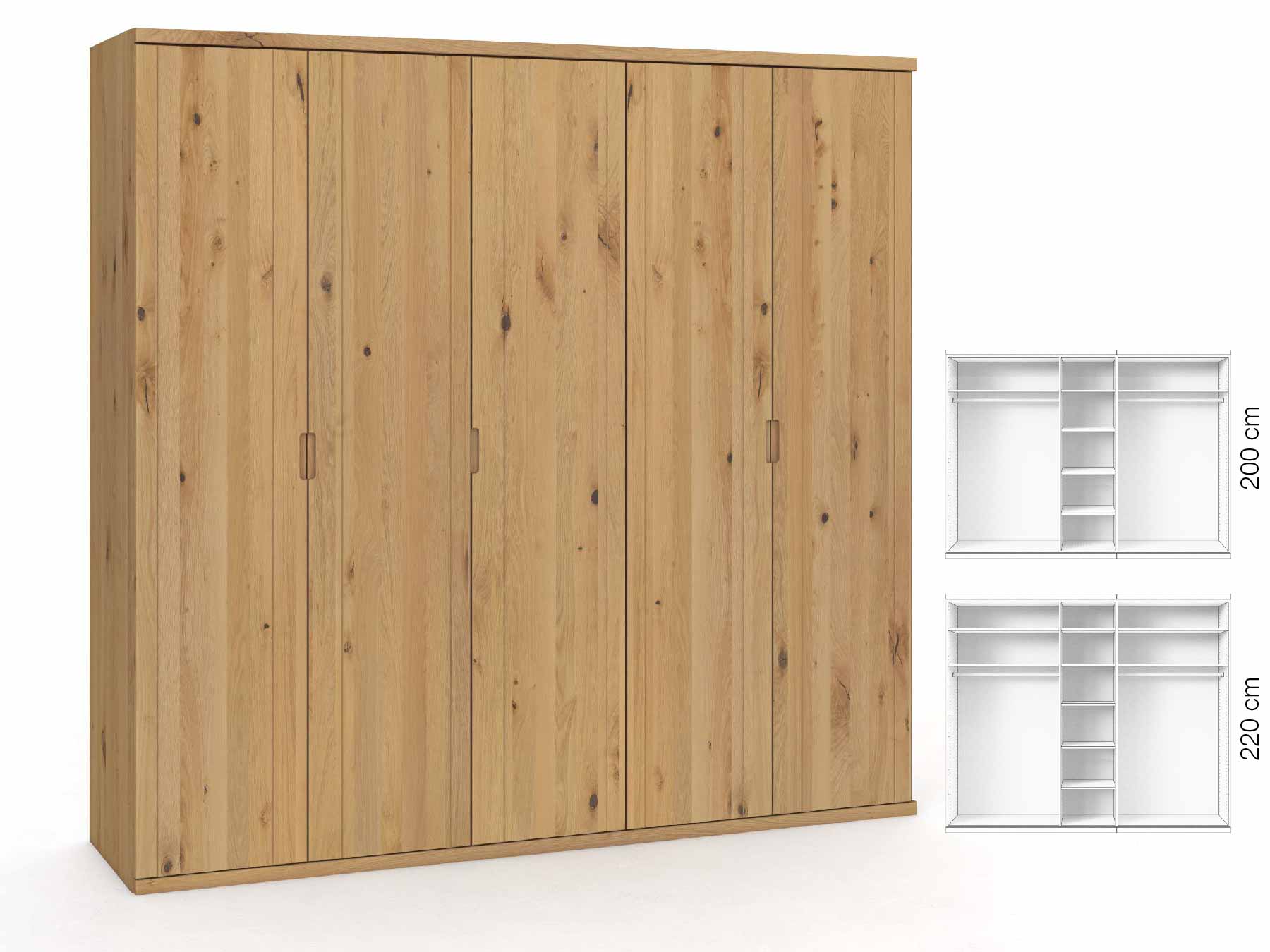 Wildeichenschrank Hell „Egon“, 5-türig, Höhe 220 cm, Griffausführung „Lukas“, Inneneinrichtung: B