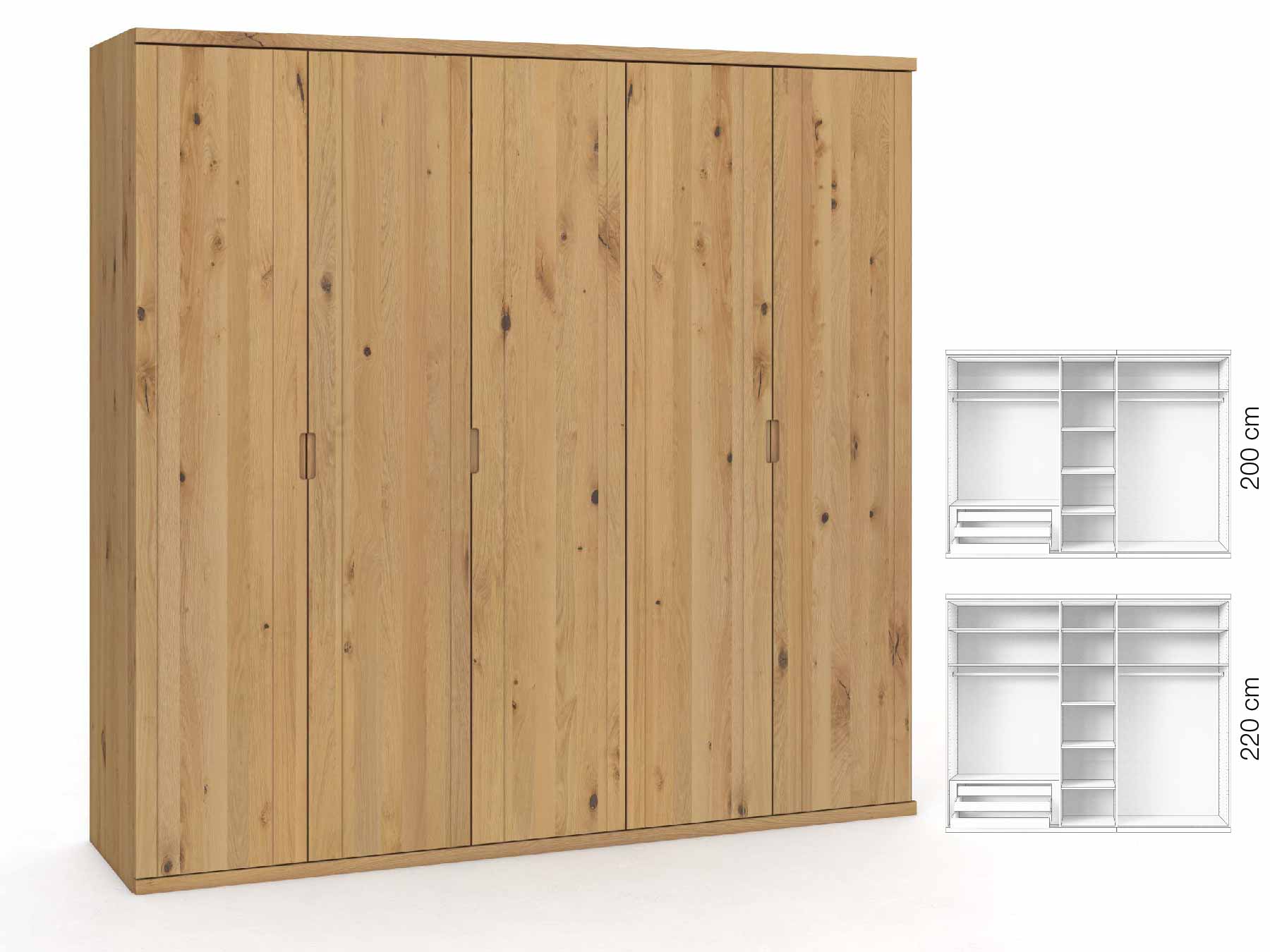 Wildeichenschrank Hell „Egon“, 5-türig, Höhe 220 cm, Griffausführung „Lukas“, Inneneinrichtung: C