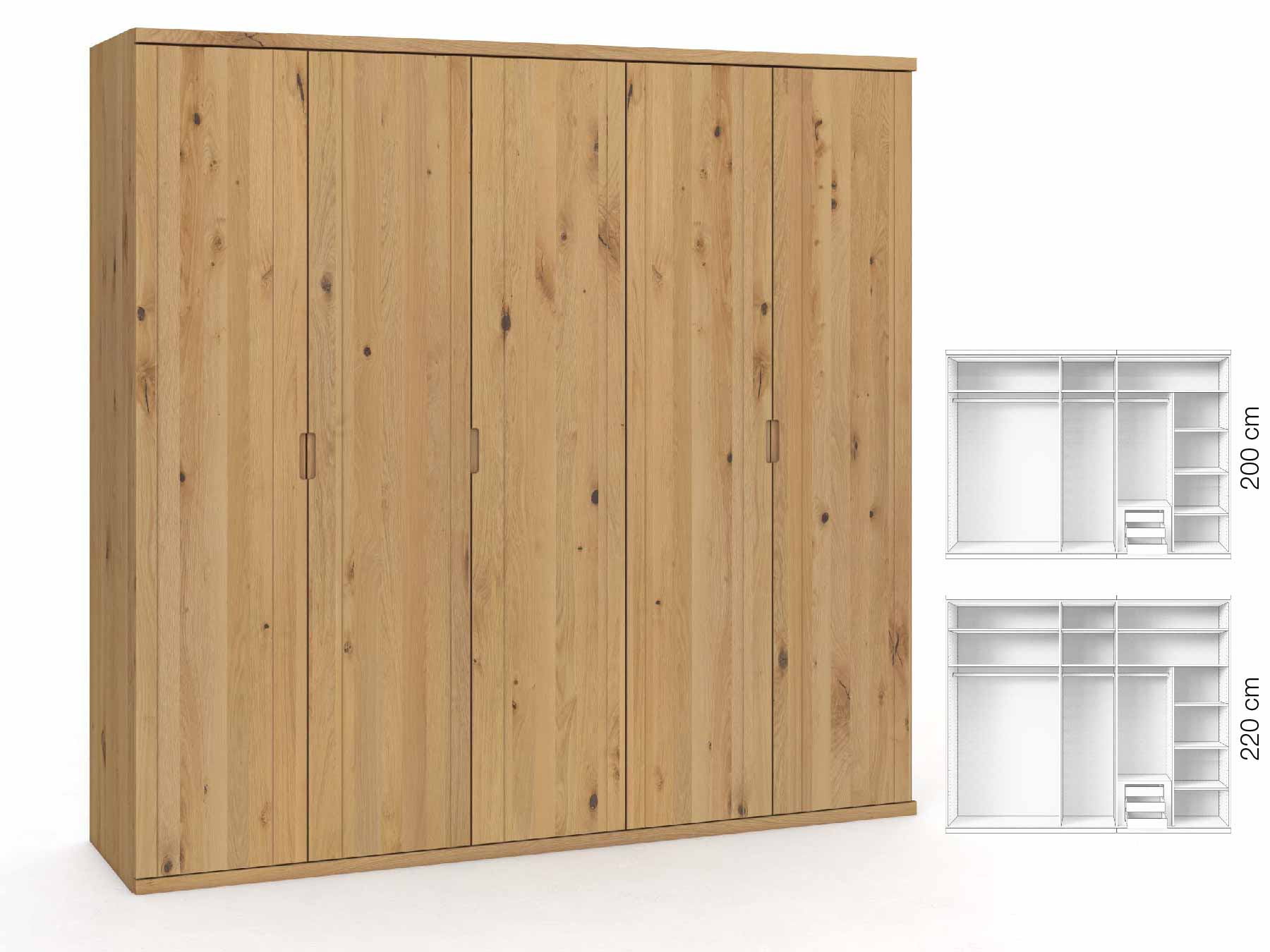 Wildeichenschrank Hell „Egon“, 5-türig, Höhe 220 cm, Griffausführung „Lukas“, Inneneinrichtung: D