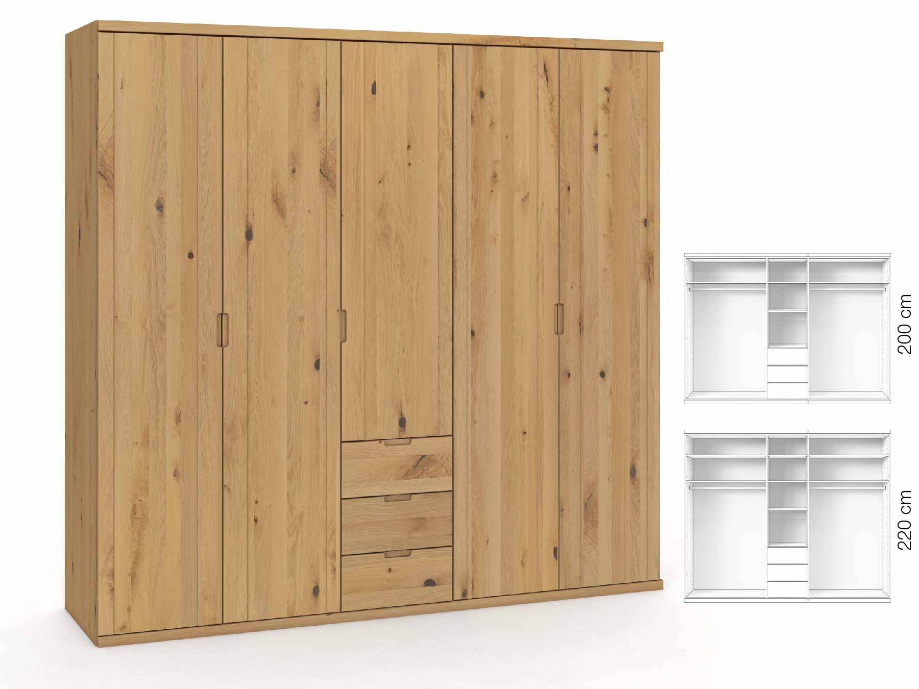 Wildeichenschrank Hell „Egon“, 5-türig, Höhe 220 cm, Griffausführung „Lukas“, Inneneinrichtung: E