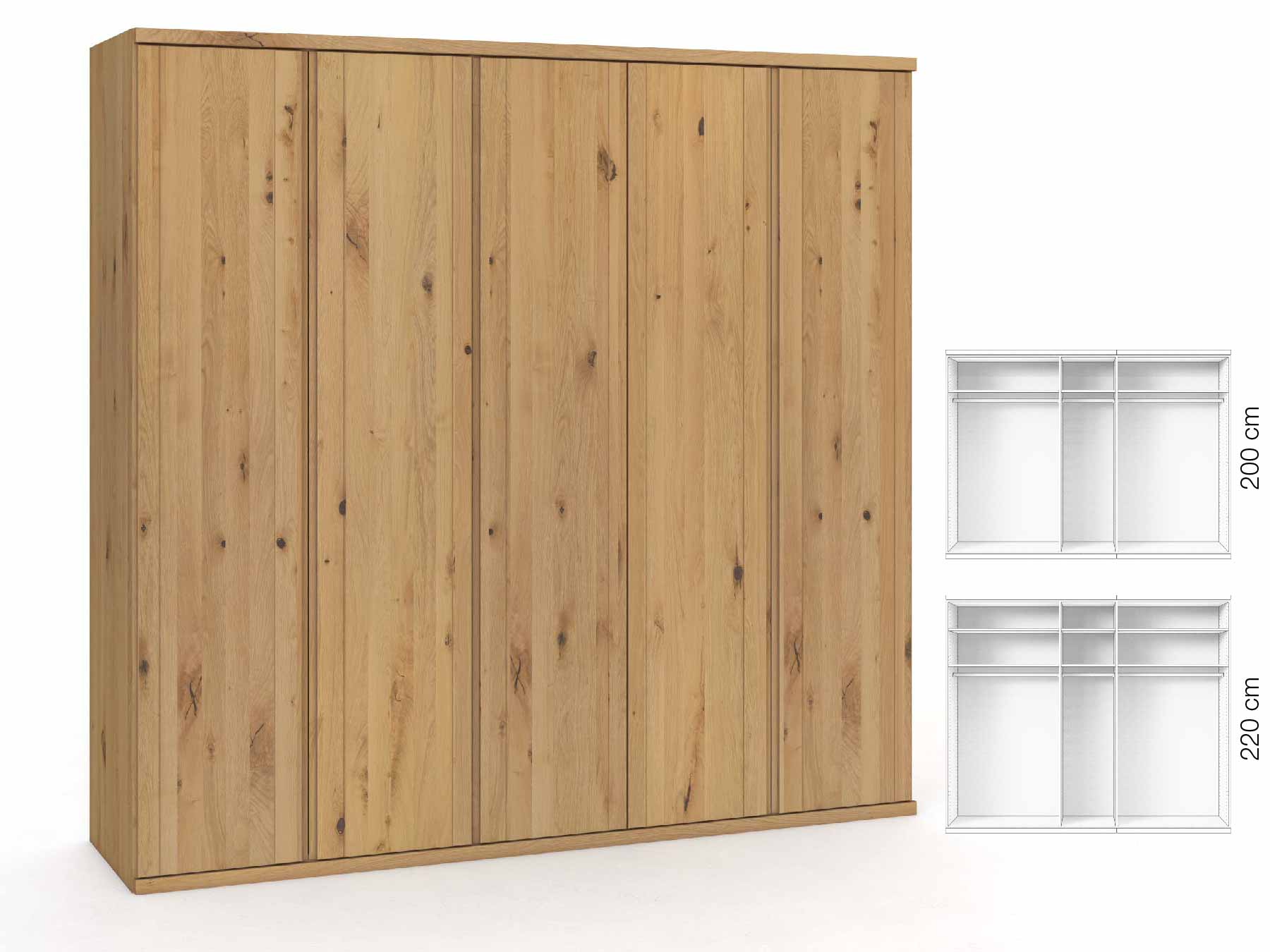 Wildeichenschrank Hell „Egon“, 5-türig, Höhe 220 cm, Griffausführung „Patrizia“, Inneneinrichtung: A