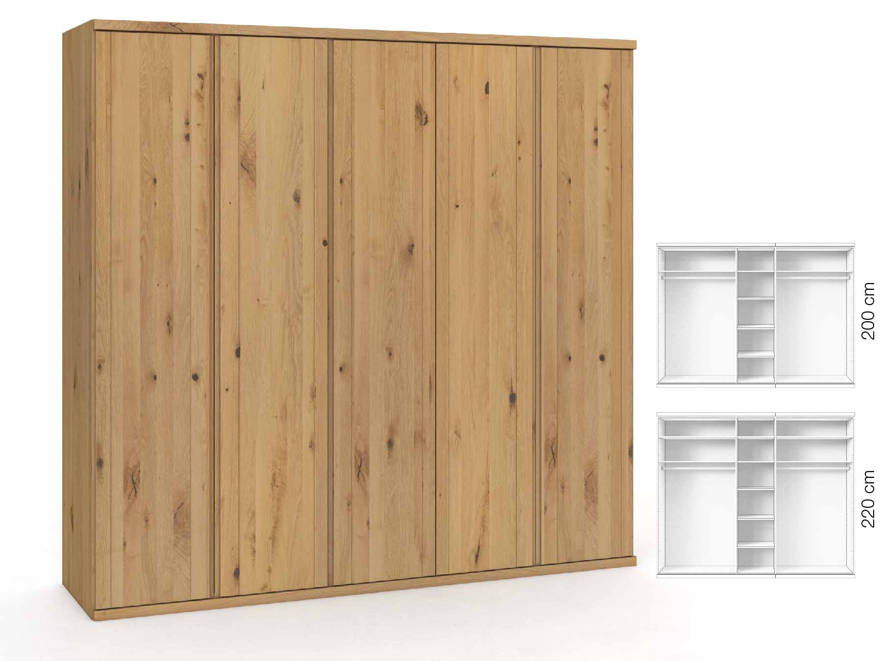 Wildeichenschrank Hell „Egon“, 5-türig, Höhe 220 cm, Griffausführung „Patrizia“, Inneneinrichtung: B