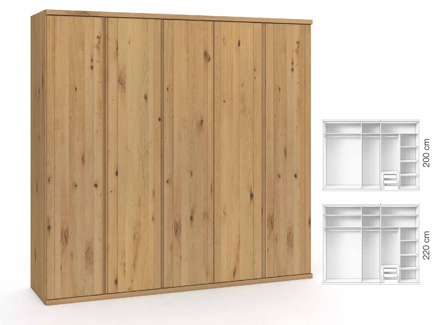 Wildeichenschrank Hell „Egon“, 5-türig, Höhe 220 cm, Griffausführung „Patrizia“, Inneneinrichtung: D