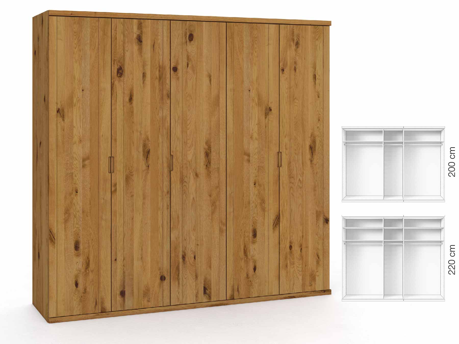 Wildeichenschrank „Egon“, 5-türig, Höhe 220 cm, Griffausführung „Lukas“, Inneneinrichtung: A