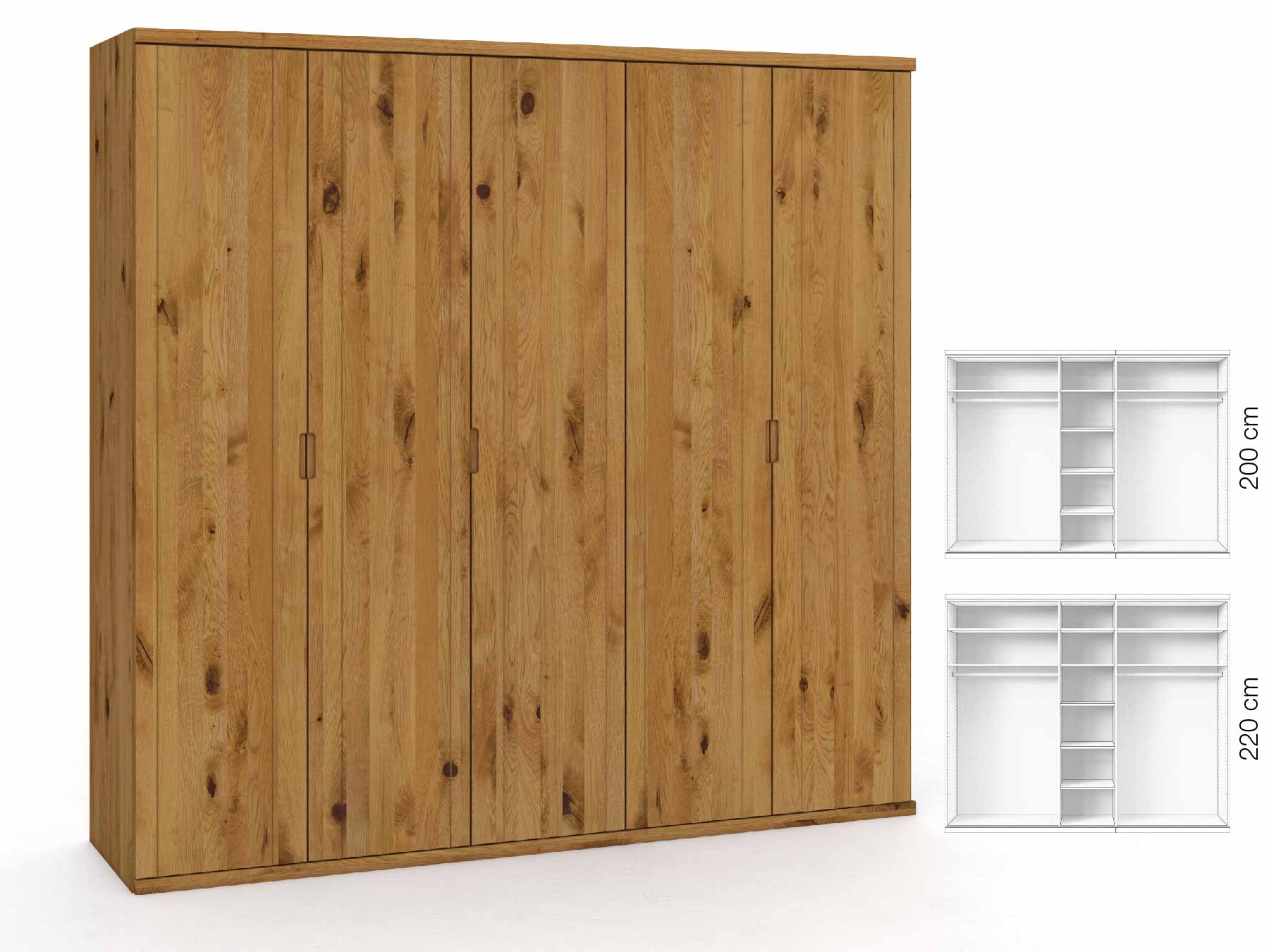 Wildeichenschrank „Egon“, 5-türig, Höhe 220 cm, Griffausführung „Lukas“, Inneneinrichtung: B