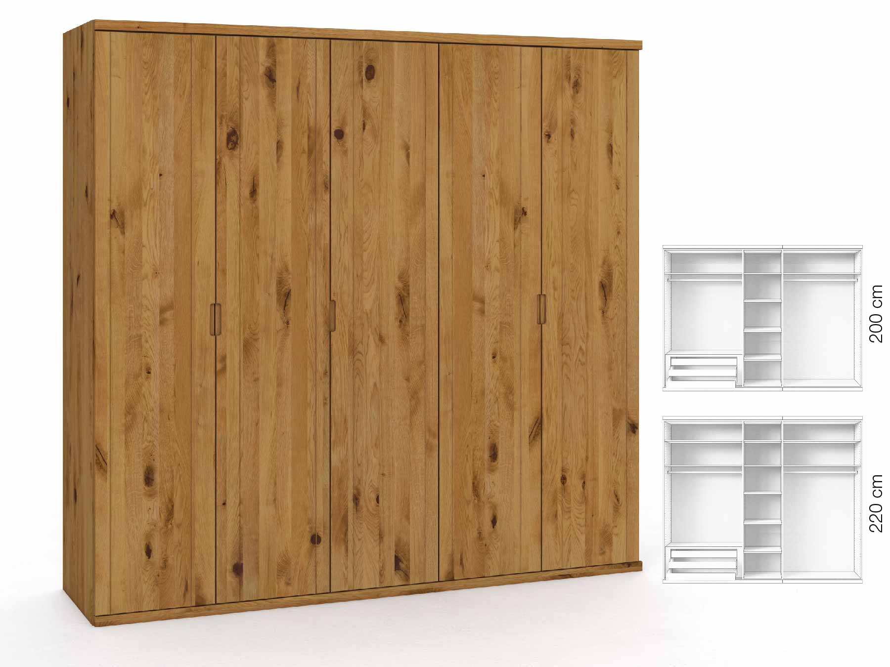 Wildeichenschrank „Egon“, 5-türig, Höhe 220 cm, Griffausführung „Lukas“, Inneneinrichtung: C