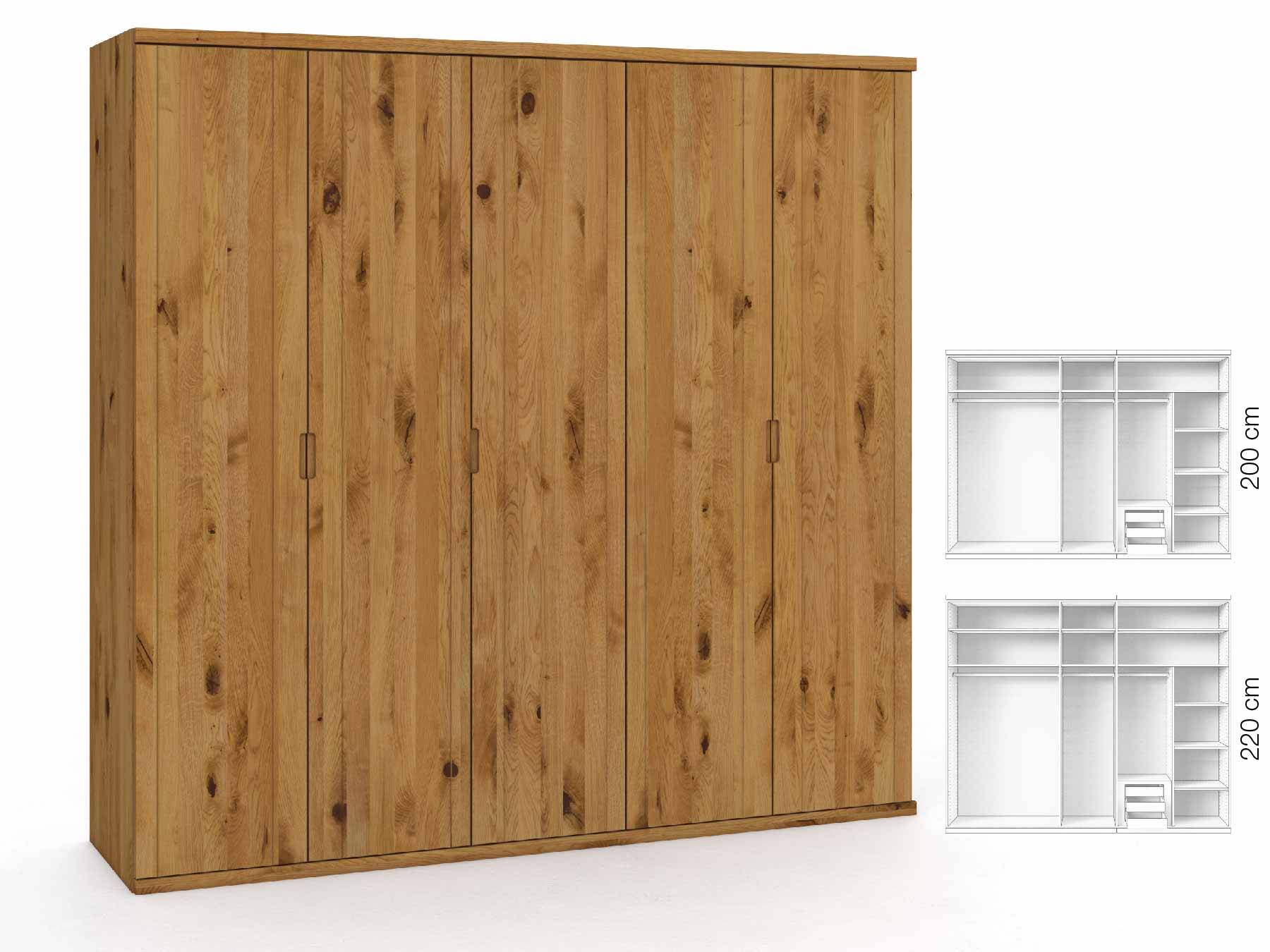 Wildeichenschrank „Egon“, 5-türig, Höhe 220 cm, Griffausführung „Lukas“, Inneneinrichtung: D