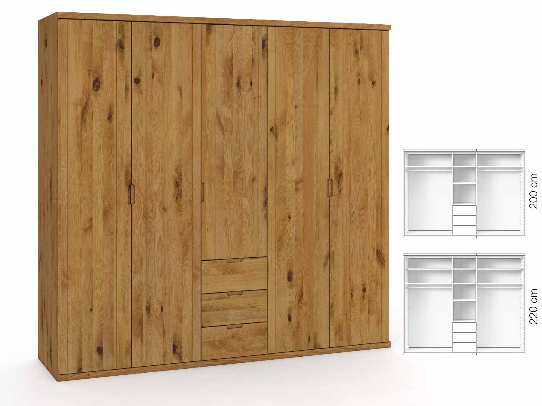 Wildeichenschrank „Egon“, 5-türig, Höhe 220 cm, Griffausführung „Lukas“, Inneneinrichtung: E