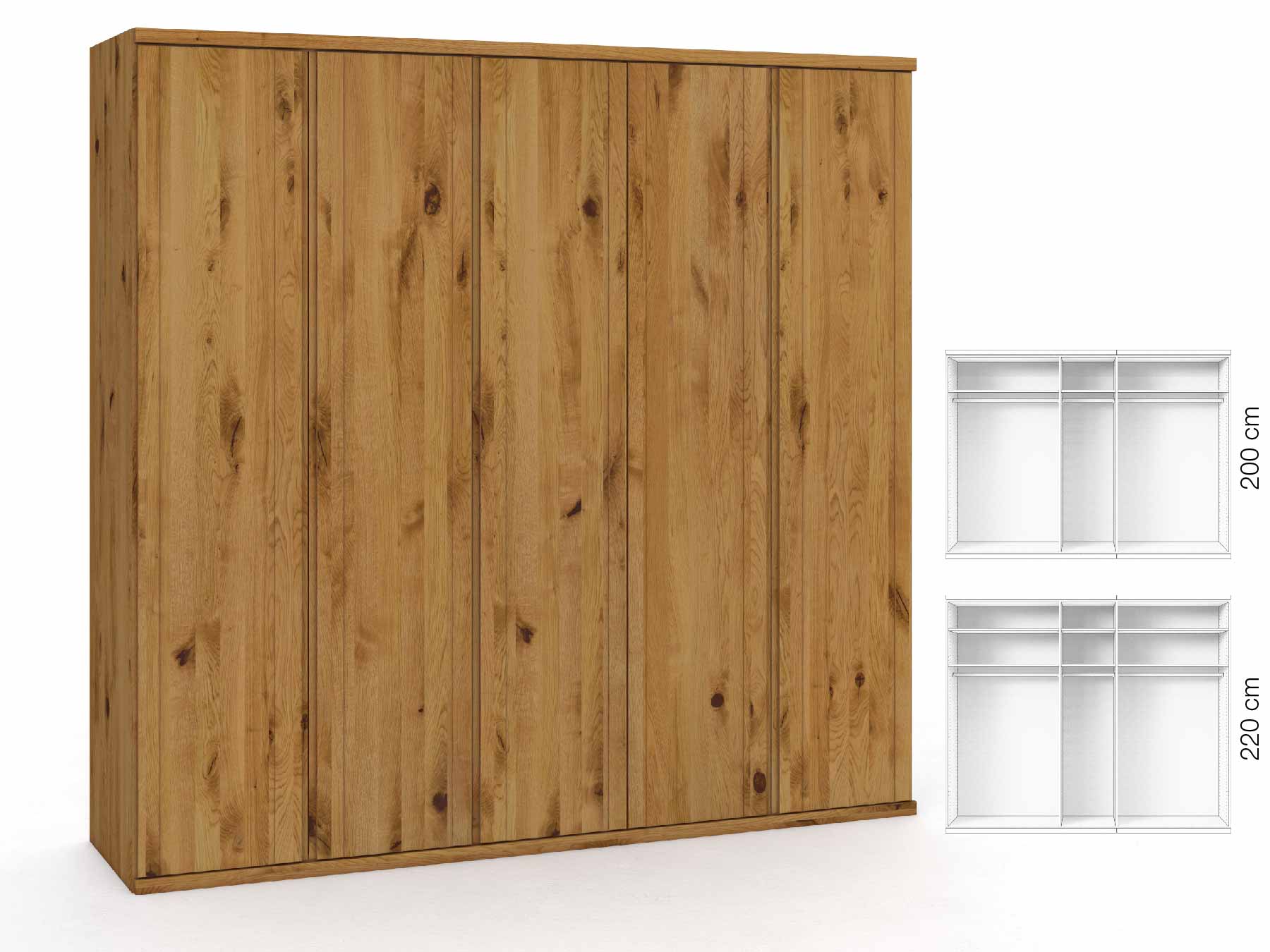 Wildeichenschrank „Egon“, 5-türig, Höhe 220 cm, Griffausführung „Patrizia“, Inneneinrichtung: A