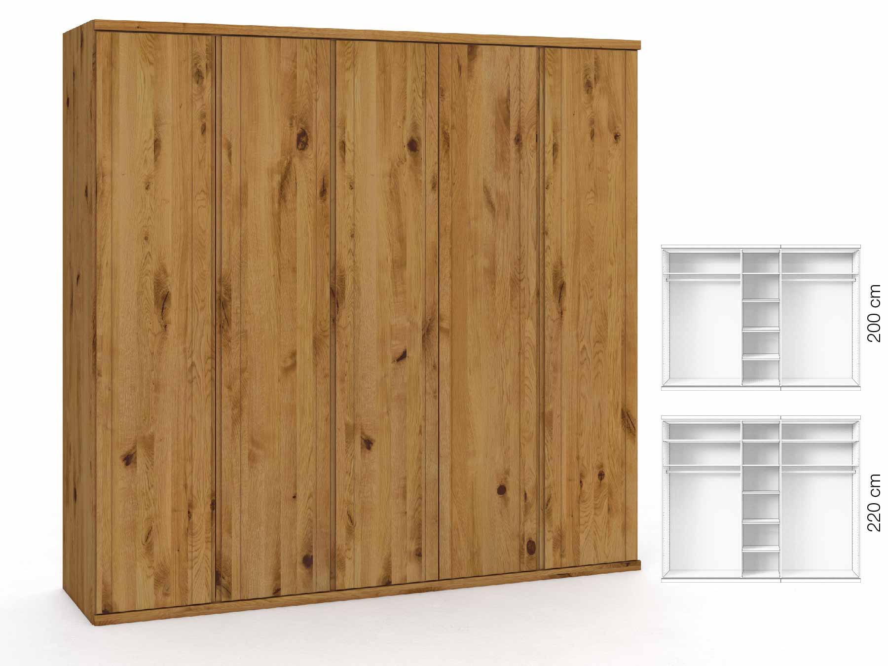 Wildeichenschrank „Egon“, 5-türig, Höhe 220 cm, Griffausführung „Patrizia“, Inneneinrichtung: B