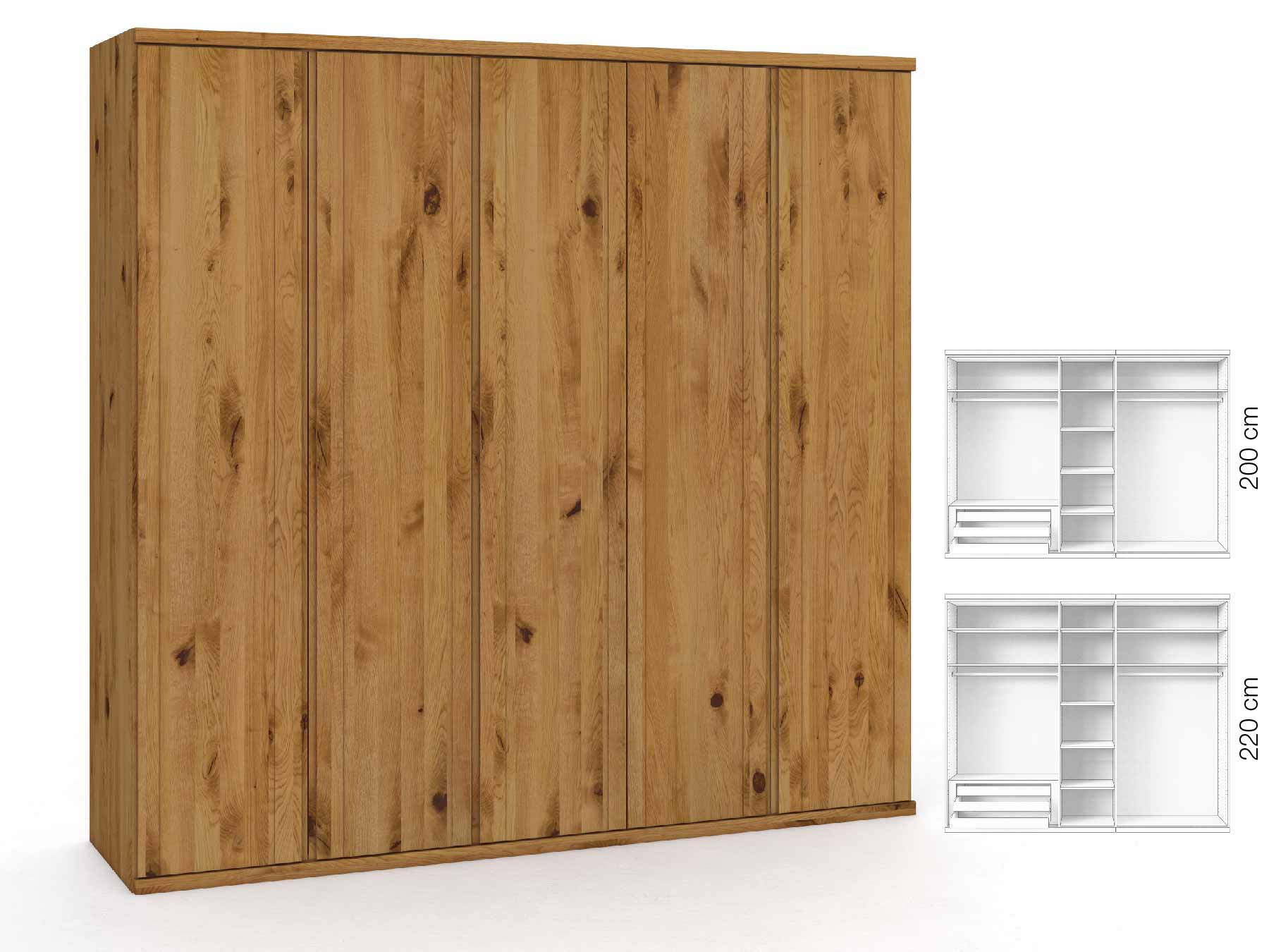 Wildeichenschrank „Egon“, 5-türig, Höhe 220 cm, Griffausführung „Patrizia“, Inneneinrichtung: C