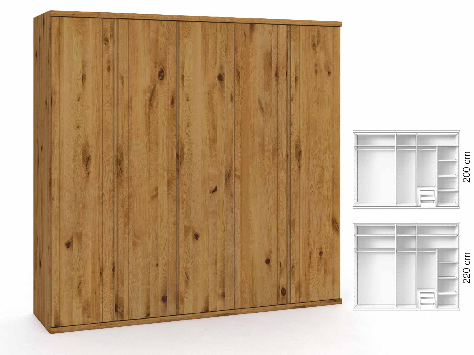 Wildeichenschrank „Egon“, 5-türig, Höhe 220 cm, Griffausführung „Patrizia“, Inneneinrichtung: D