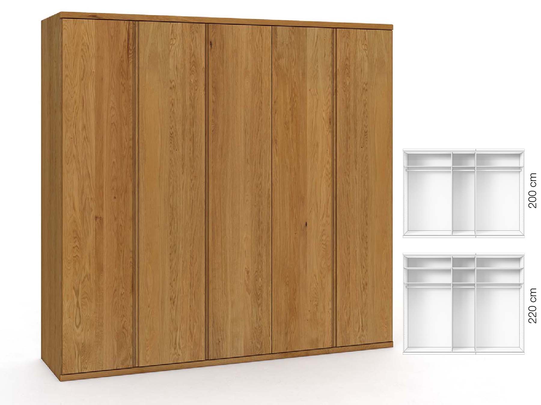 Eichenschrank „Valentin“, 5-türig, Höhe 220 cm, Griffausführung „Patrizia“, Inneneinrichtung: A