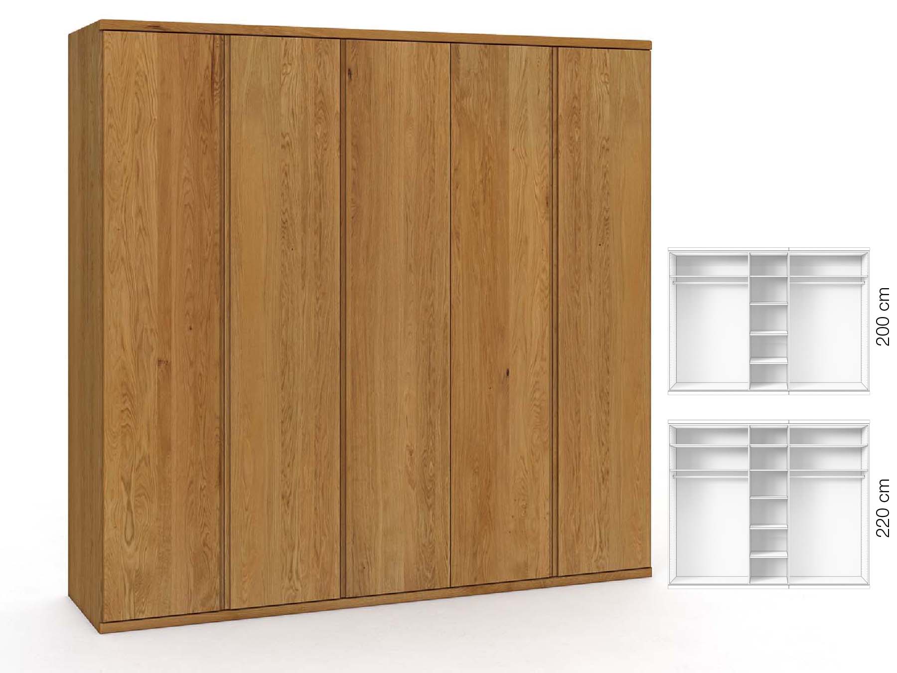 Eichenschrank „Valentin“, 5-türig, Höhe 220 cm, Griffausführung „Patrizia“, Inneneinrichtung: B