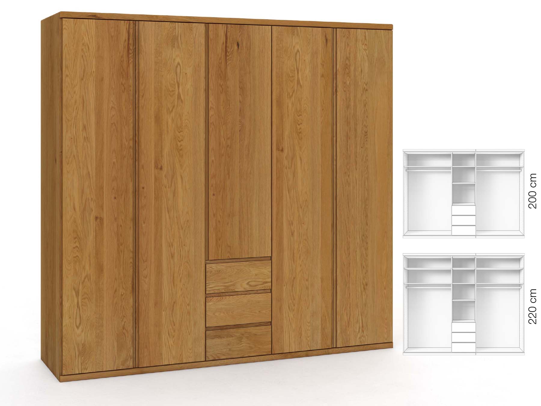 Eichenschrank „Valentin“, 5-türig, Höhe 220 cm, Griffausführung „Patrizia“, Inneneinrichtung: E