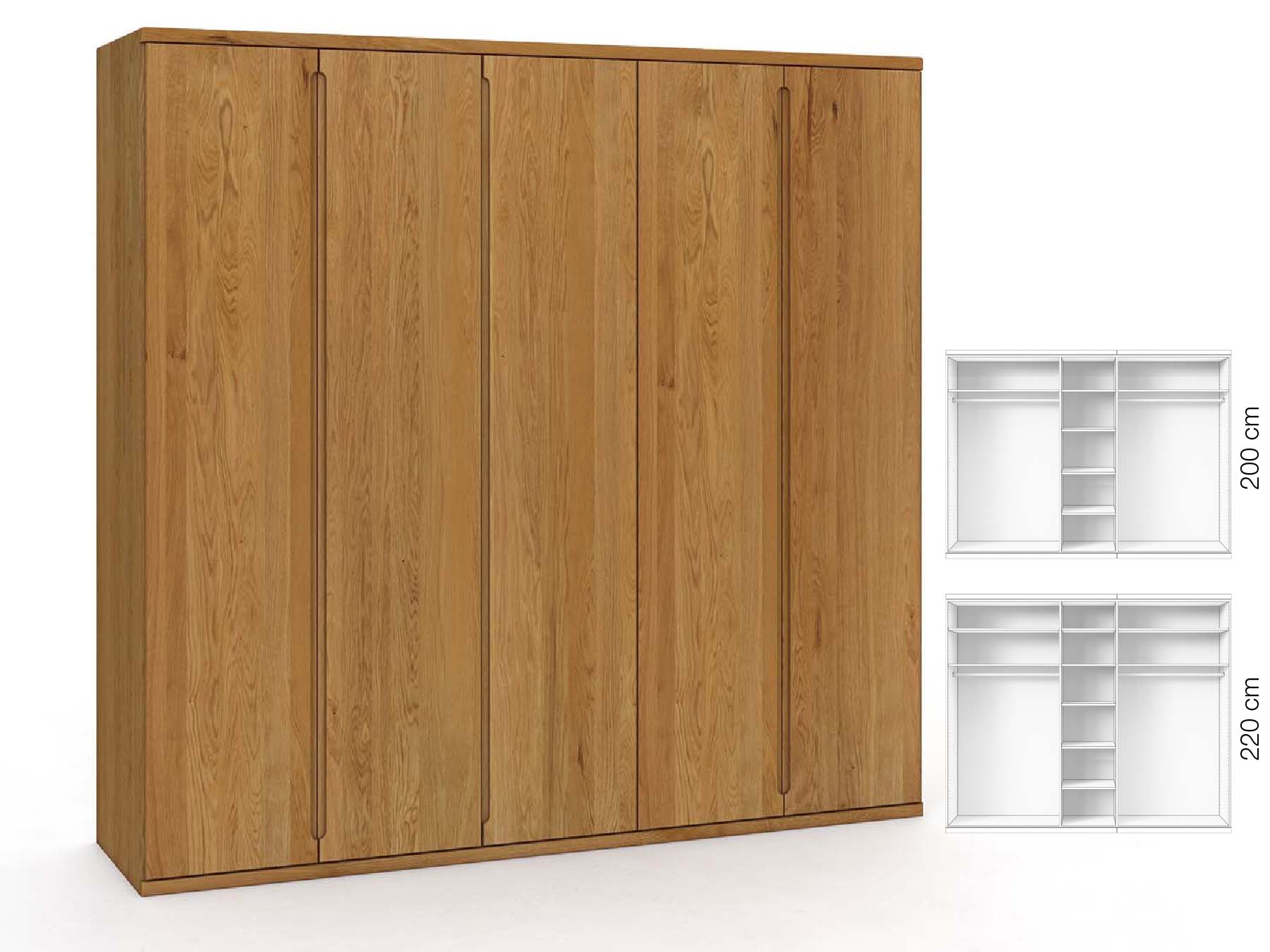 Eichenschrank „Valentin“, 5-türig, Höhe 220 cm, Griffausführung „Lukas“, Inneneinrichtung: B