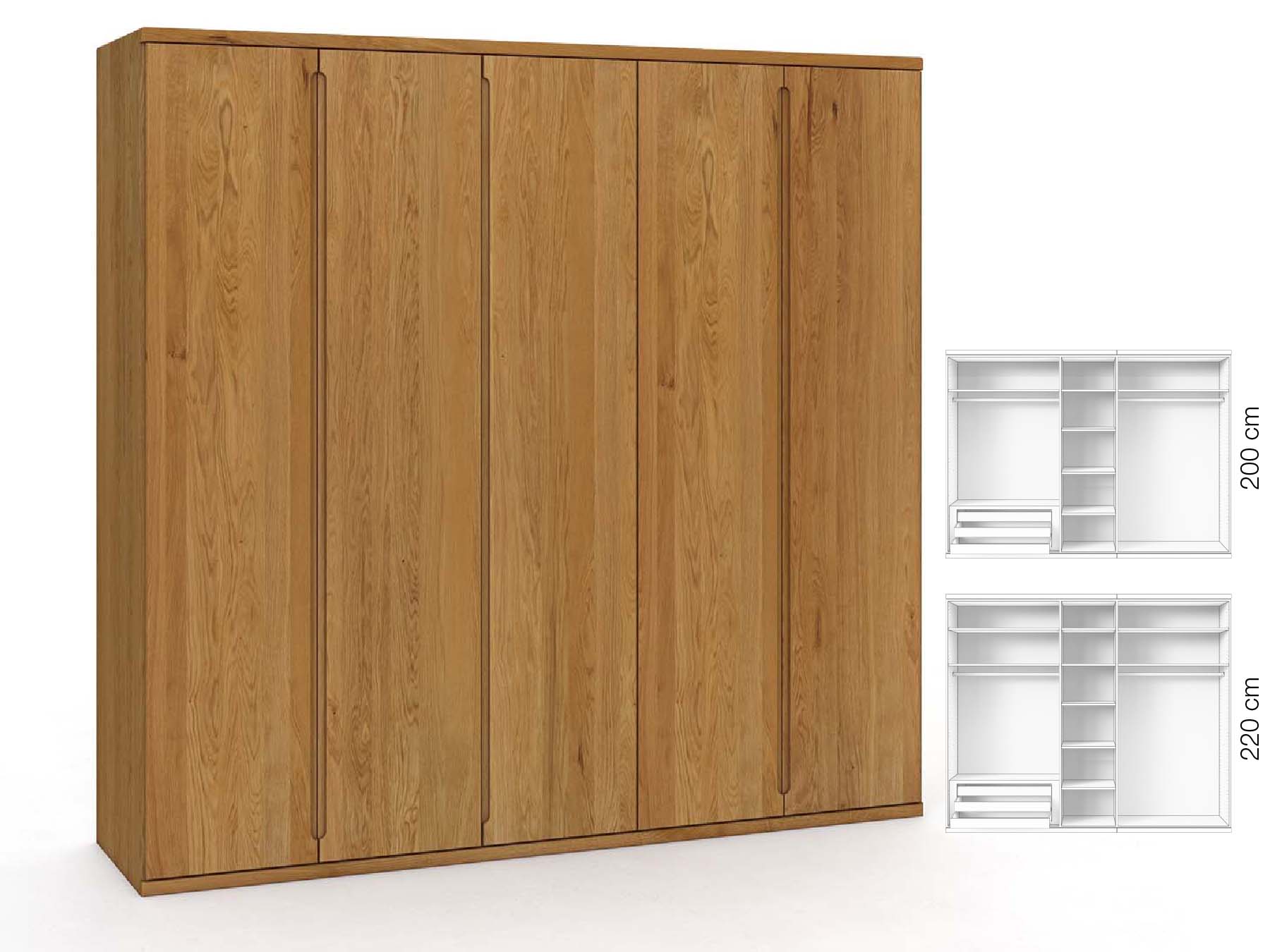 Eichenschrank „Valentin“, 5-türig, Höhe 220 cm, Griffausführung „Lukas“, Inneneinrichtung: C