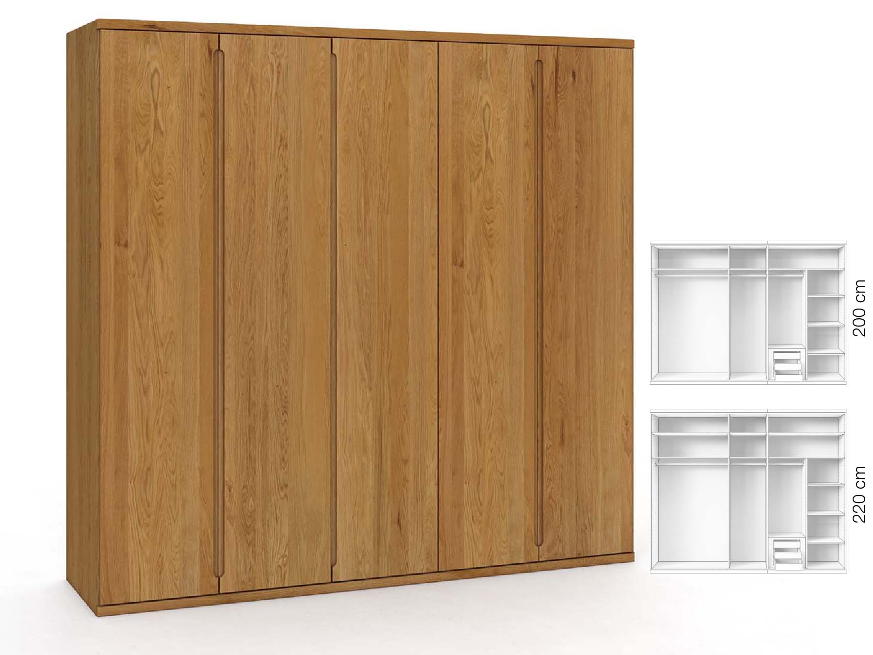 Eichenschrank „Valentin“, 5-türig, Höhe 220 cm, Griffausführung „Lukas“, Inneneinrichtung: D