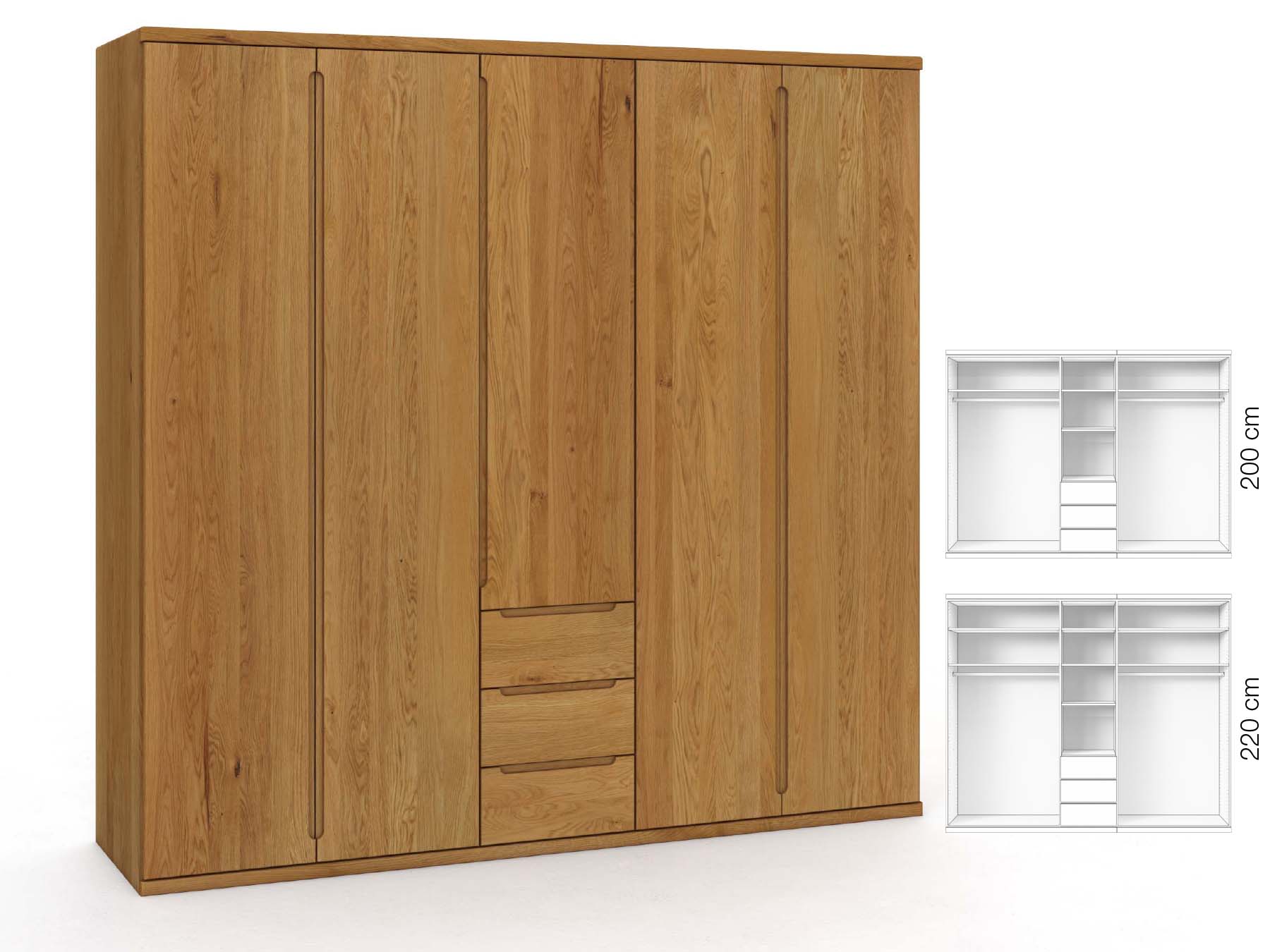 Eichenschrank „Valentin“, 5-türig, Höhe 220 cm, Griffausführung „Lukas“, Inneneinrichtung: E